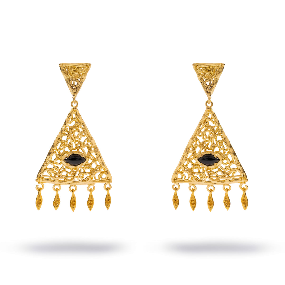 Front view of the Cleopatra Filigree Black Onyx Gold Chandelier Earrings, both triangles facing forward