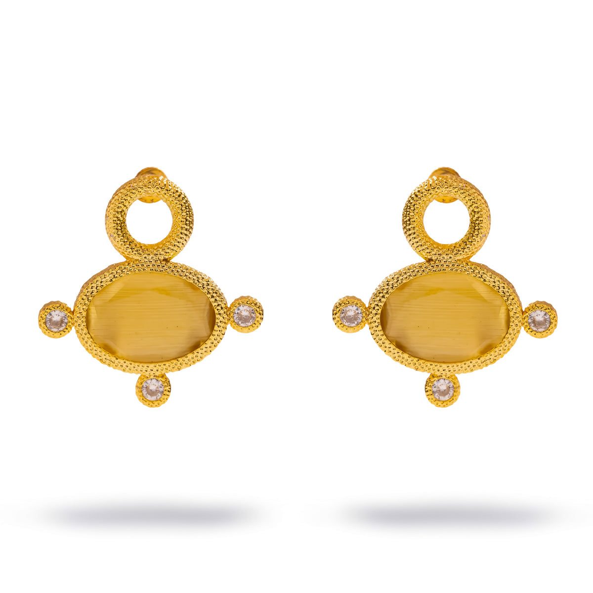 Cleopatra Golden Citrine Cat Eye Gold Statement Earrings, front view with an open granulated circle above each honey-gold stone