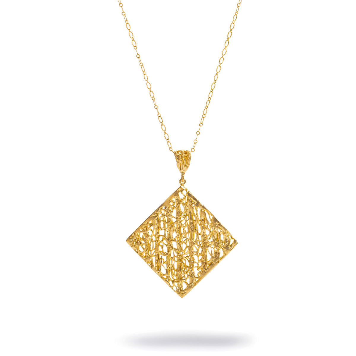 Cleopatra Golden Lace Long Pendant Necklace laid flat, diamond shaped openwork gold lace panel on a fine long chain