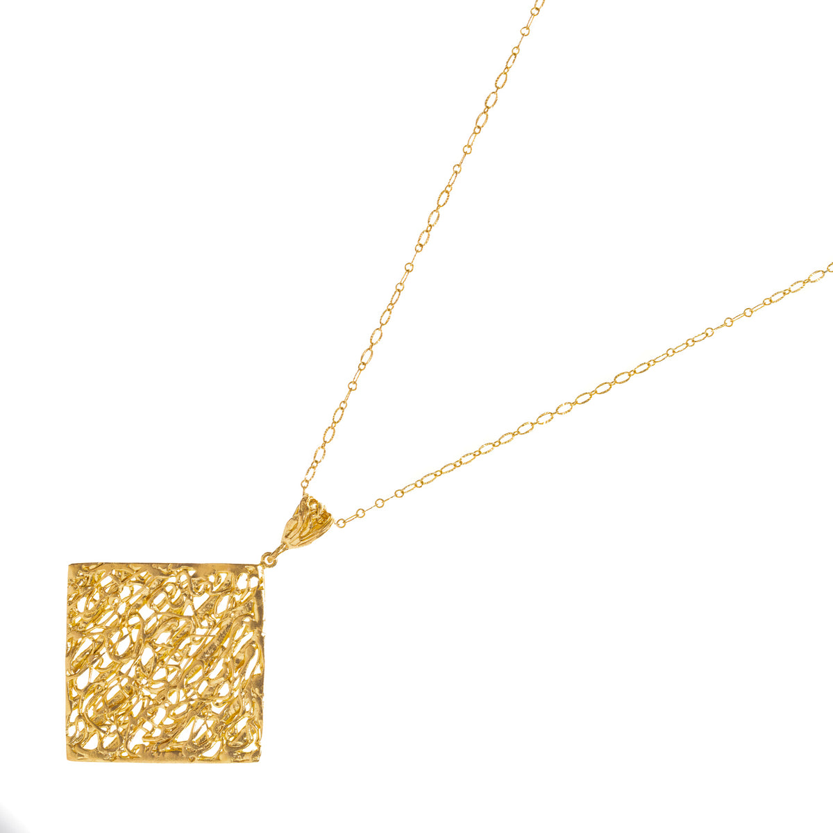 Cleopatra Golden Lace Long Pendant Necklace shown square on, pierced gold lace panel and delicate chain