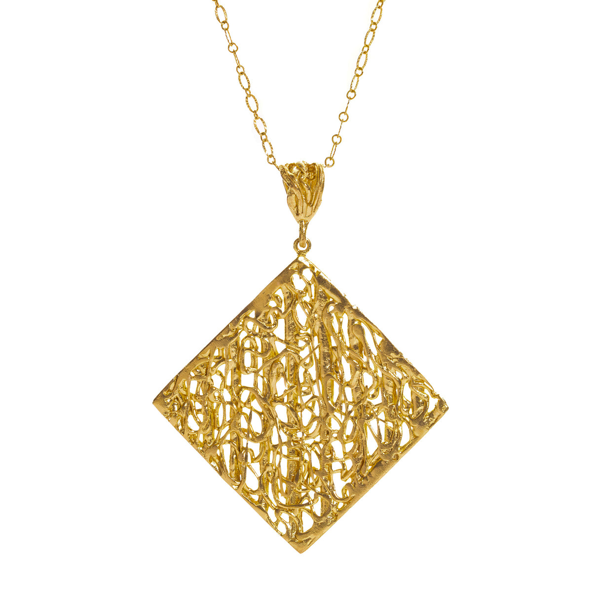Close view of the Cleopatra Golden Lace pendant showing the irregular web of golden threads and textured bail