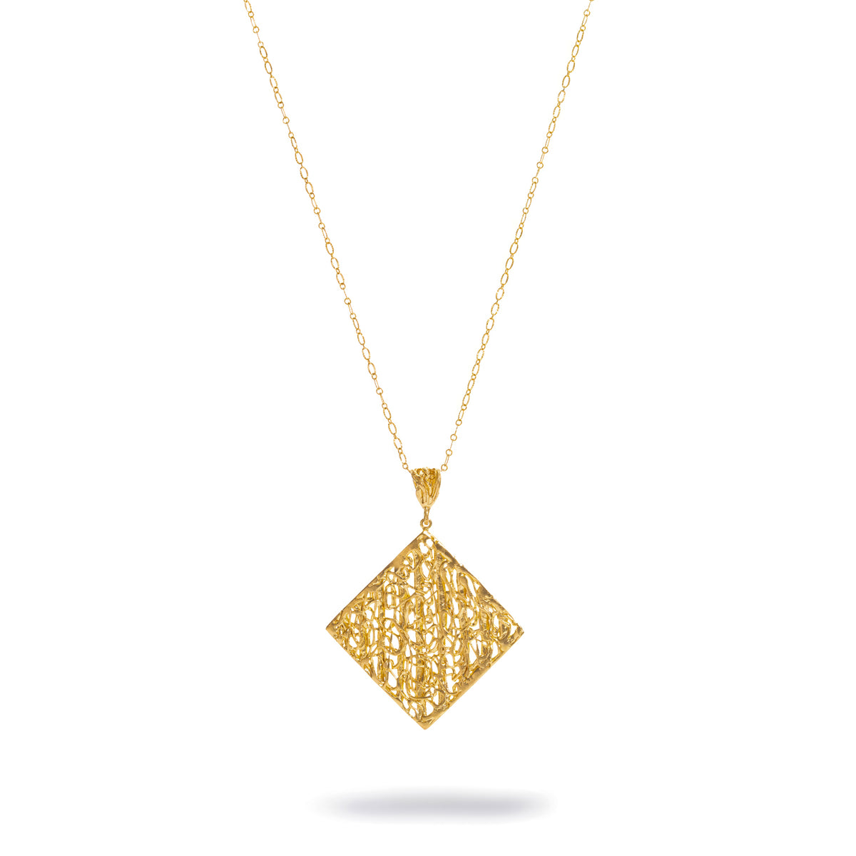 Cleopatra Golden Lace Long Pendant Necklace shown full length on its 24 inch gold plated chain