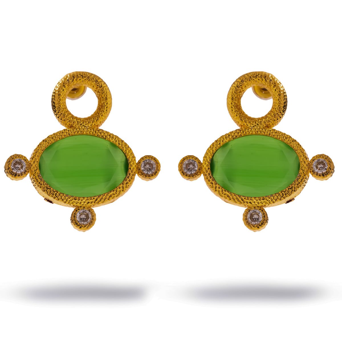 Cleopatra Green Cat Eye Gold Statement Stud Earrings, front view with green cat eye stones, three zircons and a gold circle above