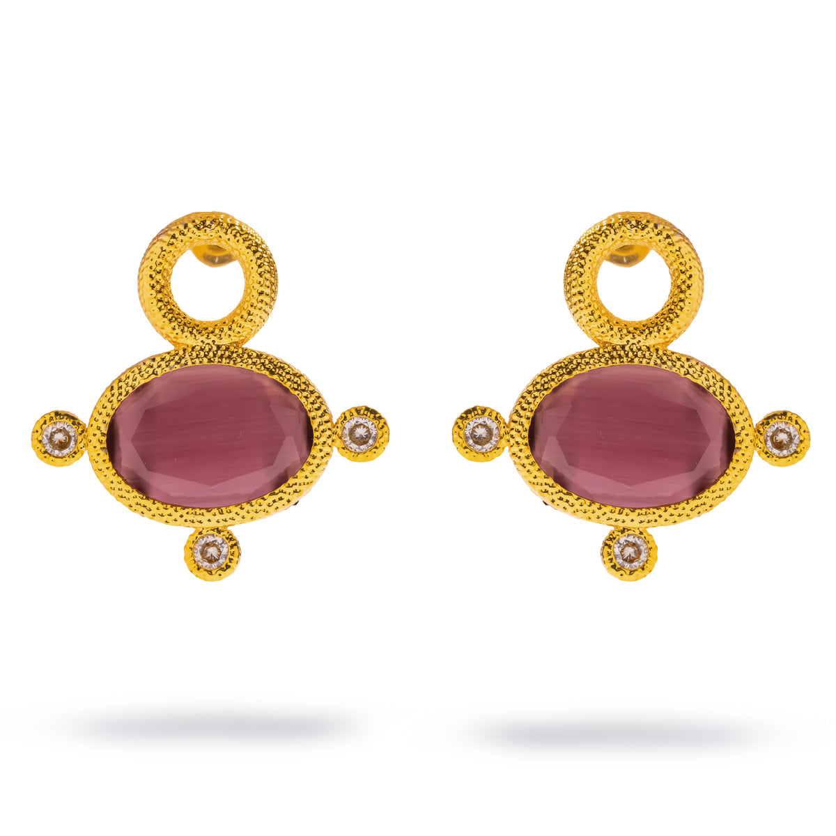Cleopatra Mocha Cat Eye Gold Statement Earrings, front view with a granulated gold circle above each oval mauve-brown stone
