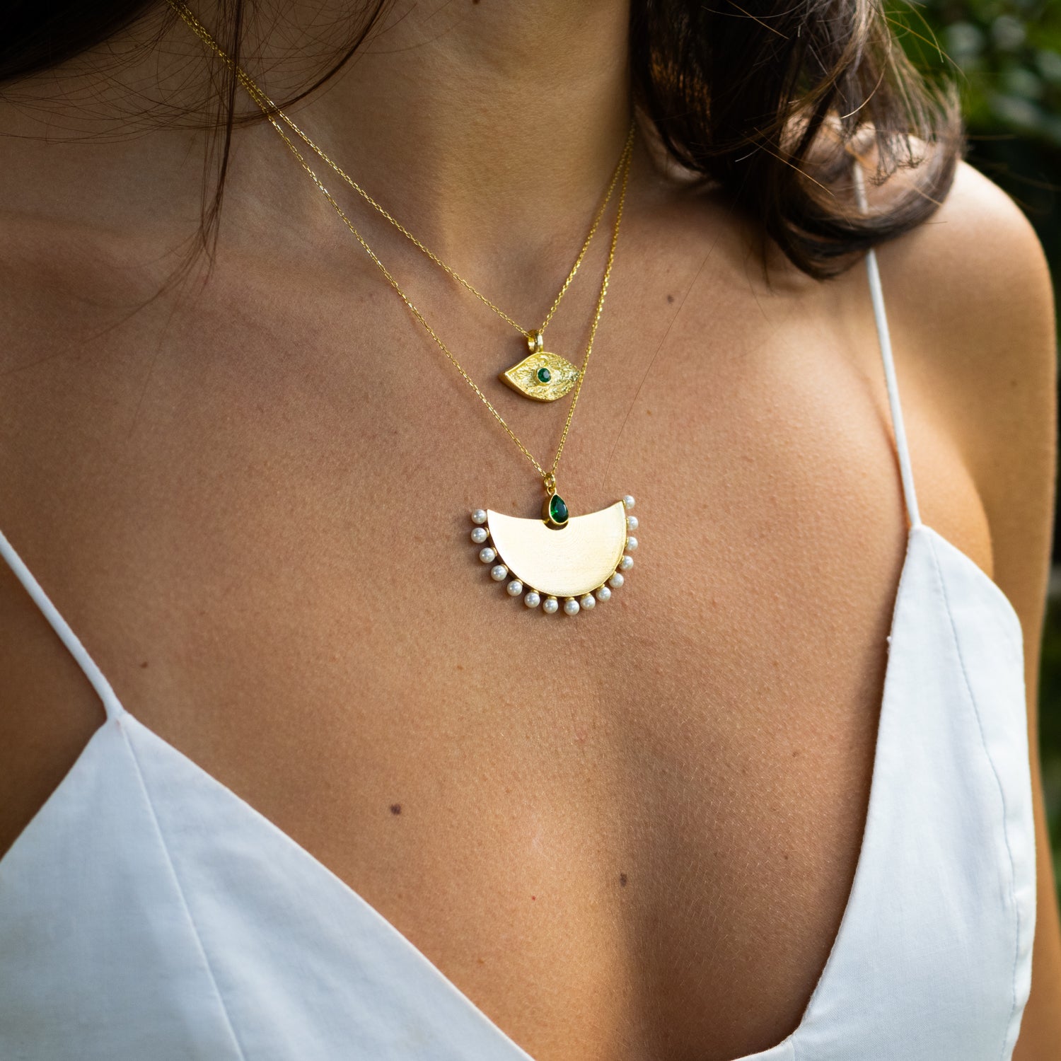 Cleopatra Moonlight Emerald &amp; Pearl Gold Necklace