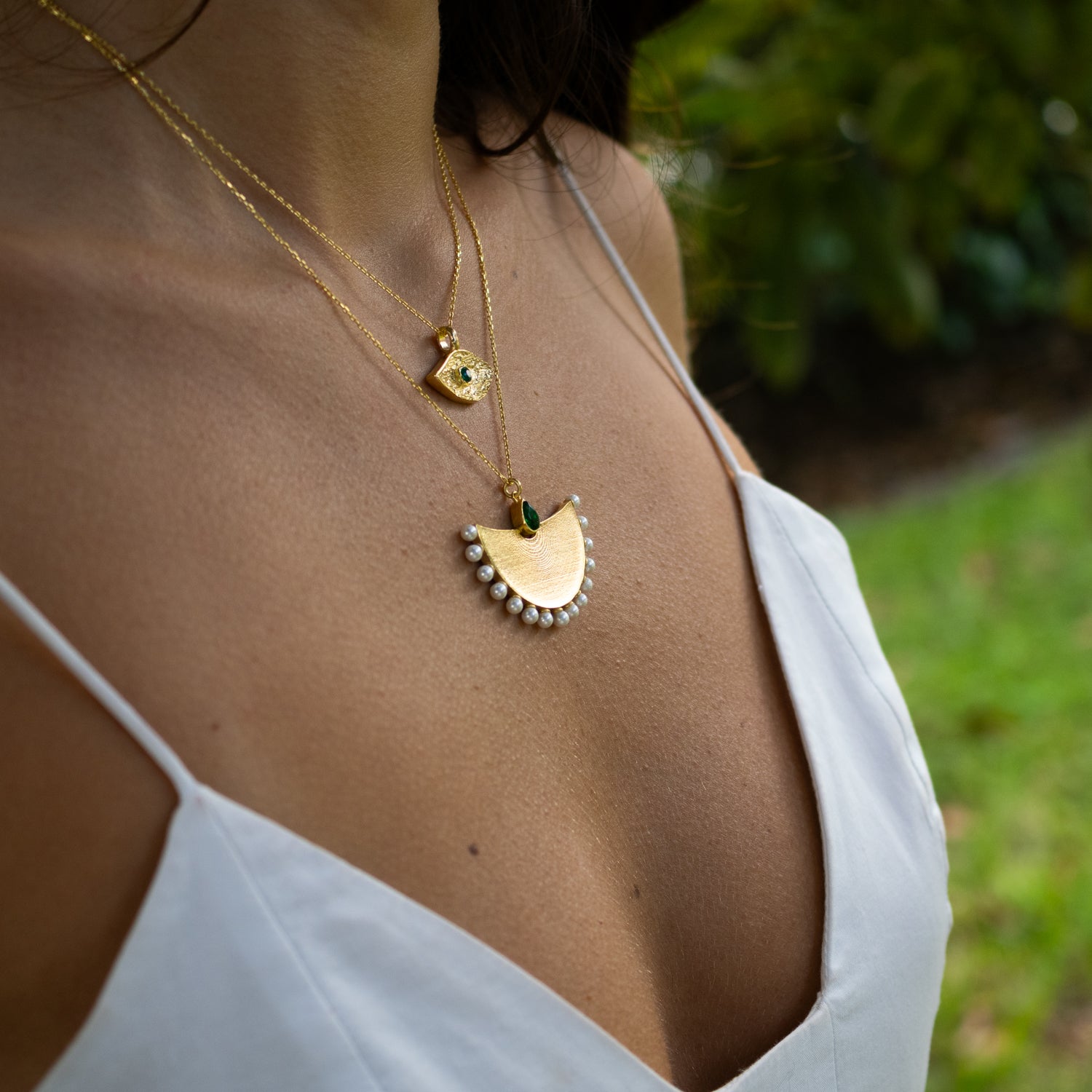 Cleopatra Moonlight Emerald &amp; Pearl Gold Necklace