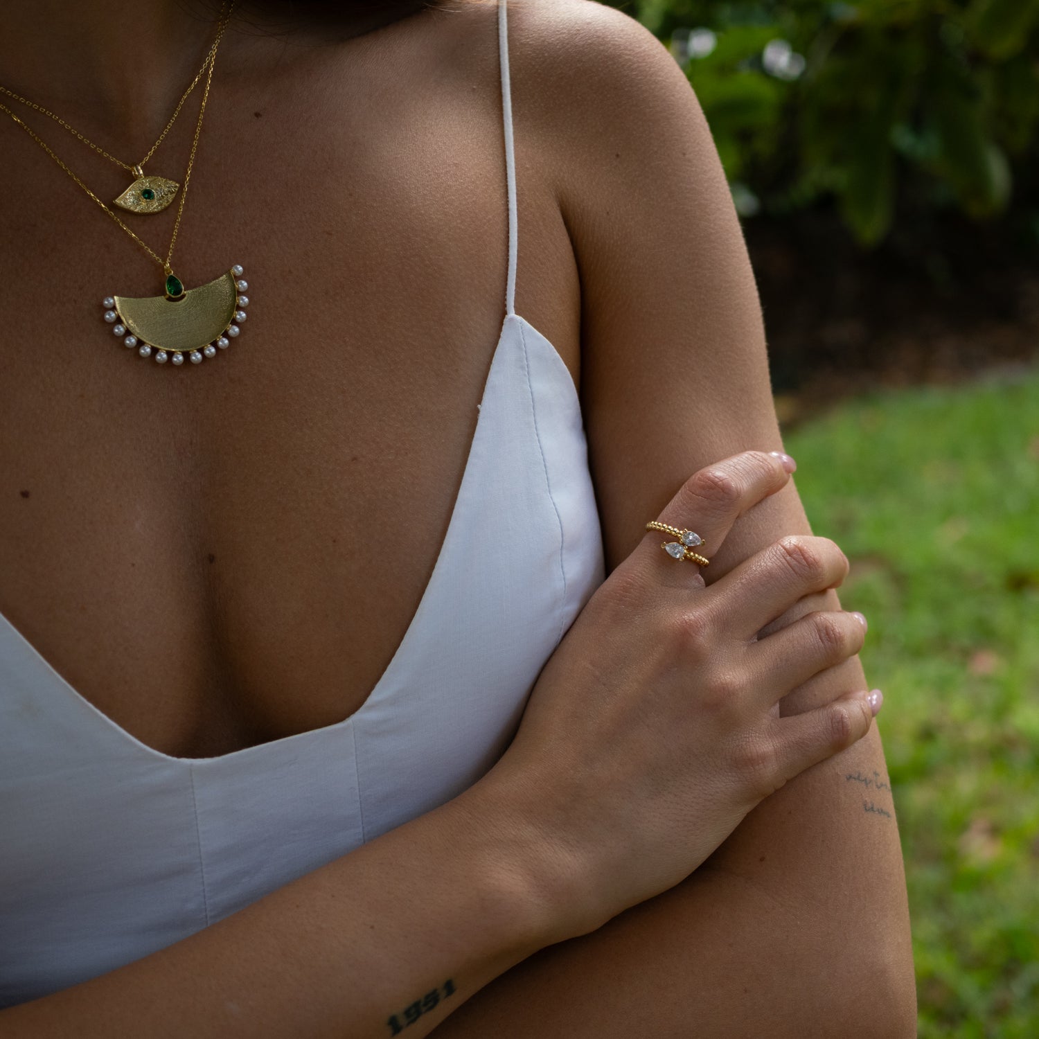 Cleopatra Moonlight Emerald &amp; Pearl Gold Necklace