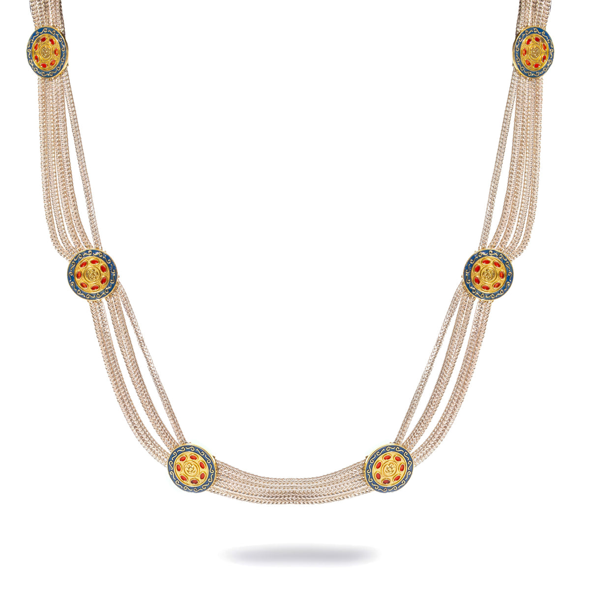 Front view of the Cleopatra Mystic multi strand necklace with ornate enamel medallions on white