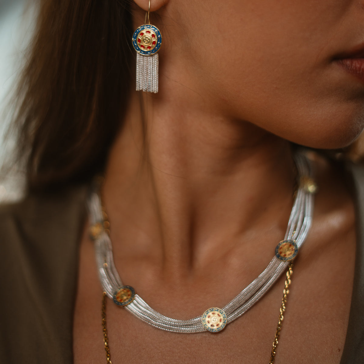 Cleopatra Mystic necklace worn with the matching Mystic Bloom Enamel Medallion Silver Tassel Earrings