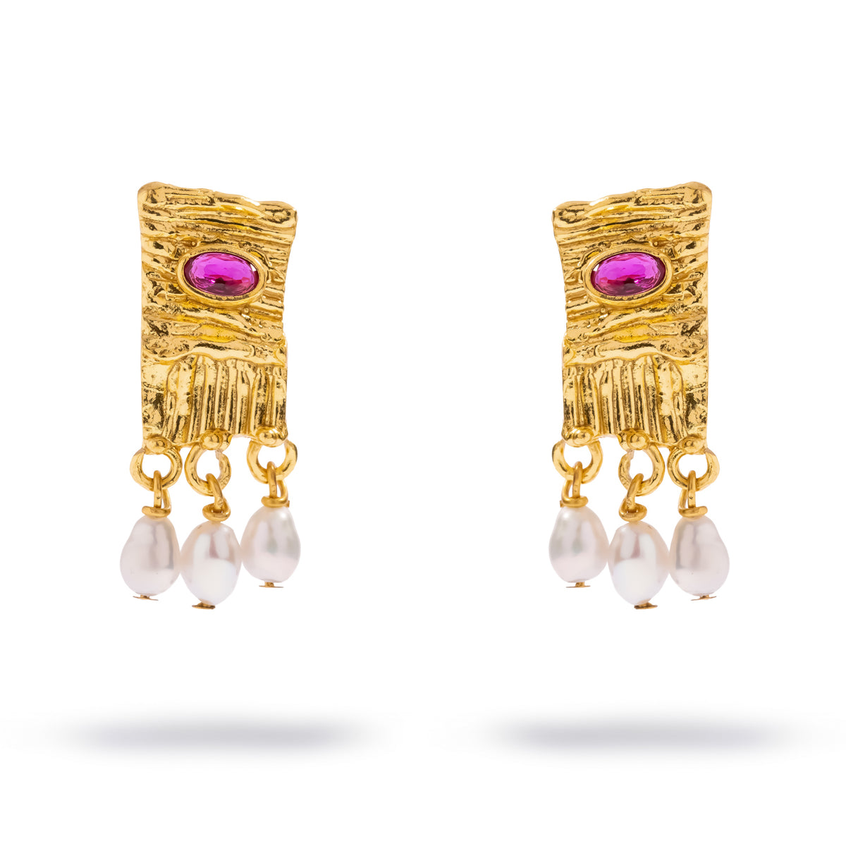Cleopatra Ruby & Pearl Gold Statement Earrings, textured gold tablets with an oval ruby colored stone and three pearl drops