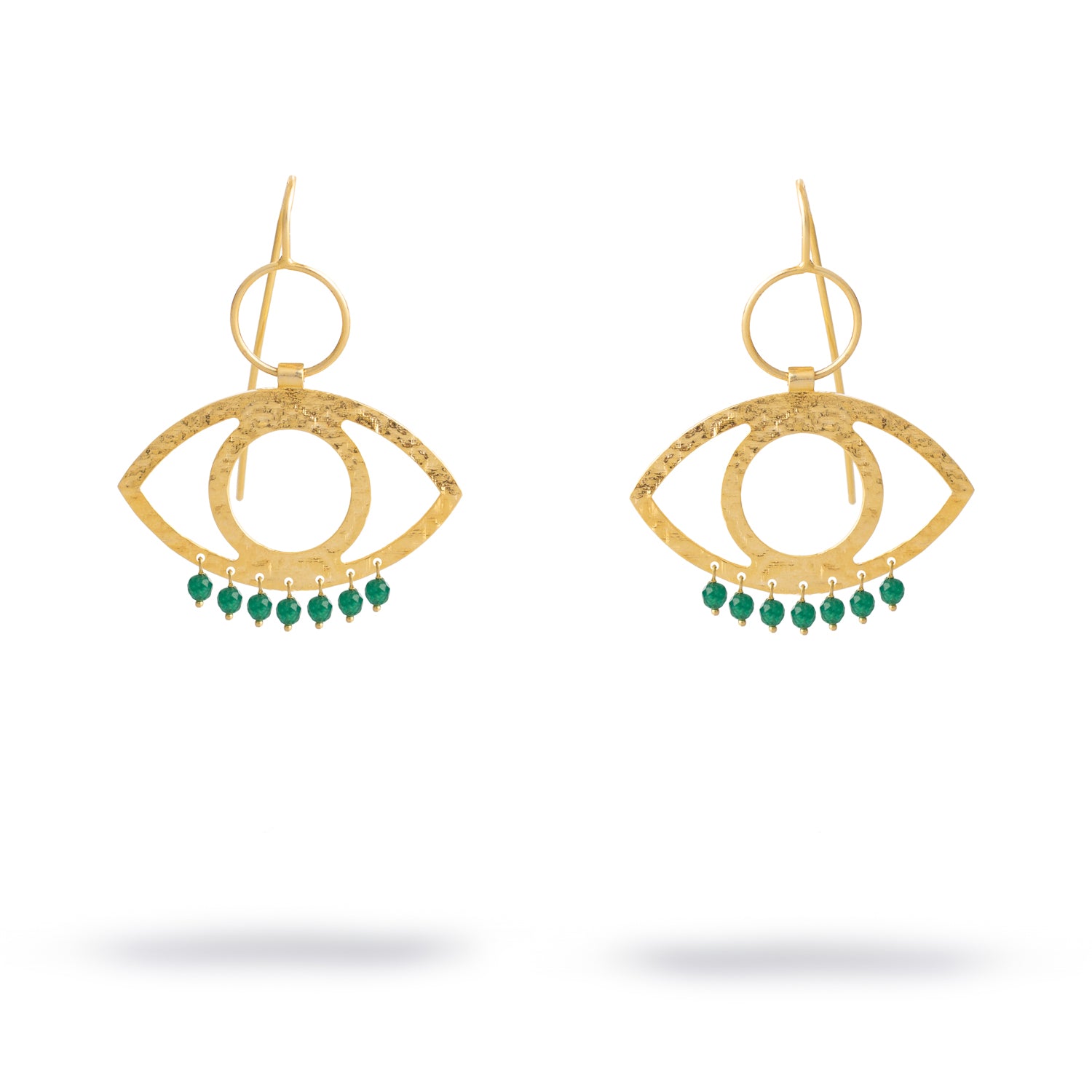 Handcrafted 925 sterling silver drop earrings plated with 18k gold, featuring green jade stones and Cleopatra-inspired design