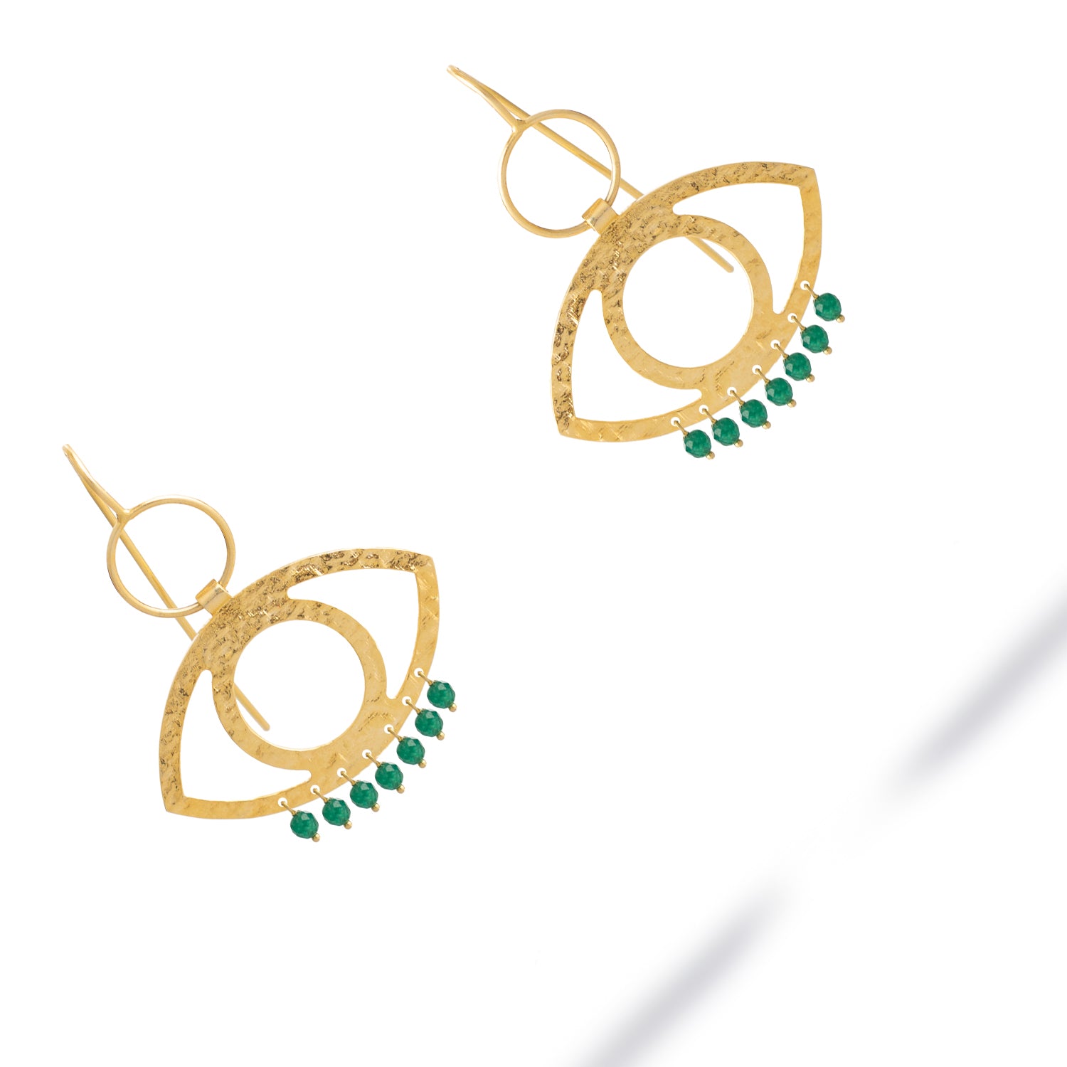 Cleopatra’s Eye drop earrings handcrafted from 925 sterling silver, 18k gold plating, green jade stones, elegant eye design.