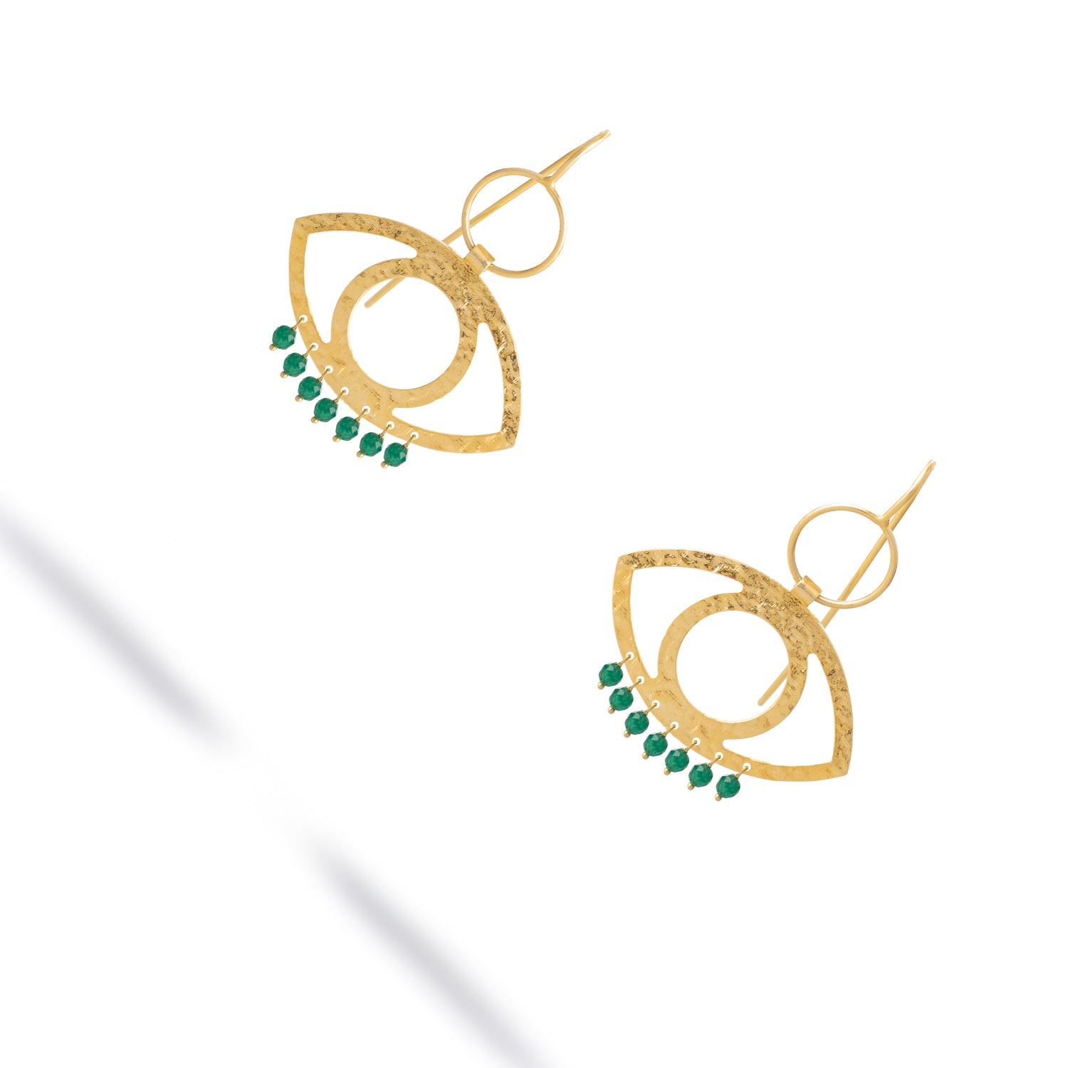 Cleopatra’s Eye green jade drop earrings, handcrafted 925 sterling silver with 18k gold plating and elegant eye motif design.