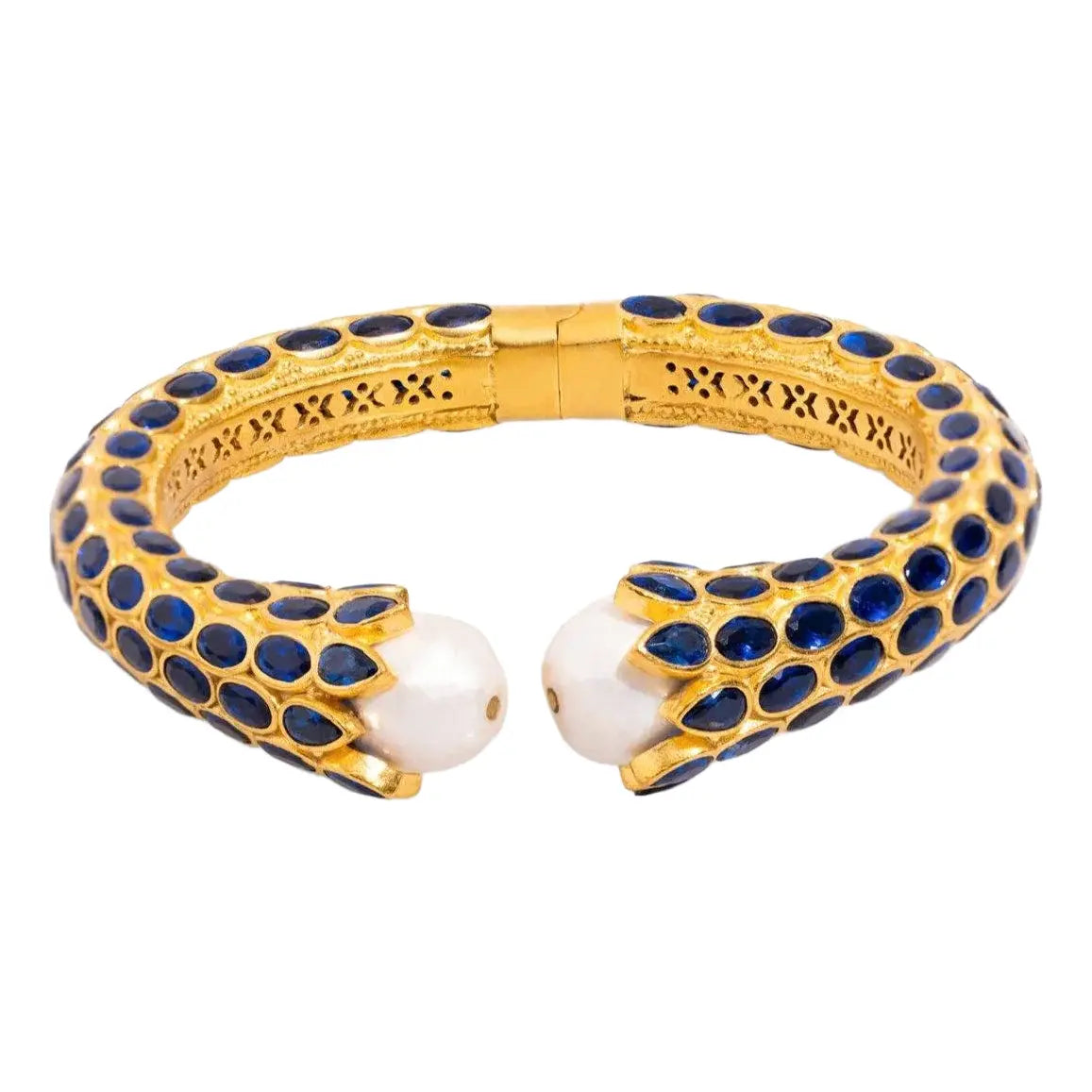 Cleopatra Sapphire & Pearl Gold Chunky Cuff Bracelet with teardrop sapphire stones and central pearls, plated in 24k gold for a bold statement look.