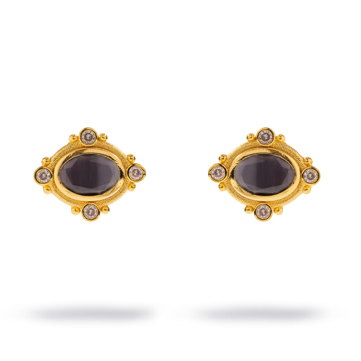 Both Cleopatra black cat's eye gold stud earrings shown straight on against a white background
