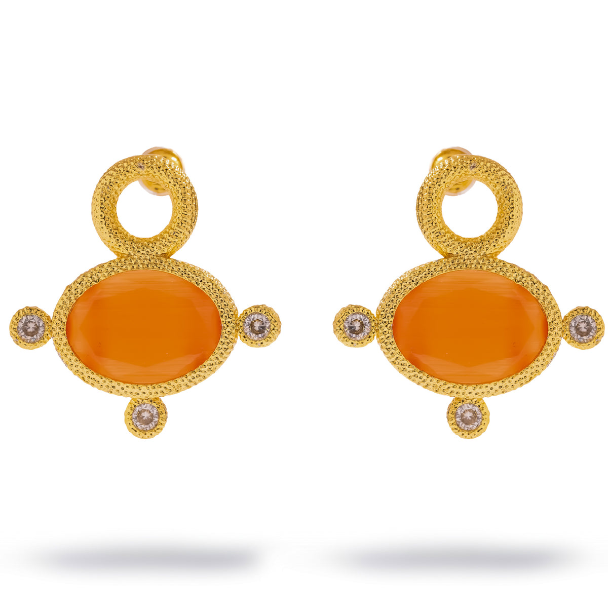 Cleopatra Sun Cat Eye Gold Statement Earrings, front view of the pair with orange cat eye stones and three zircon accents in textured gold