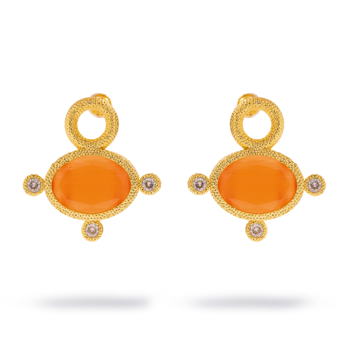 Pair of Cleopatra Sun Cat Eye Gold Statement Earrings with an open gold ring above each oval orange stone