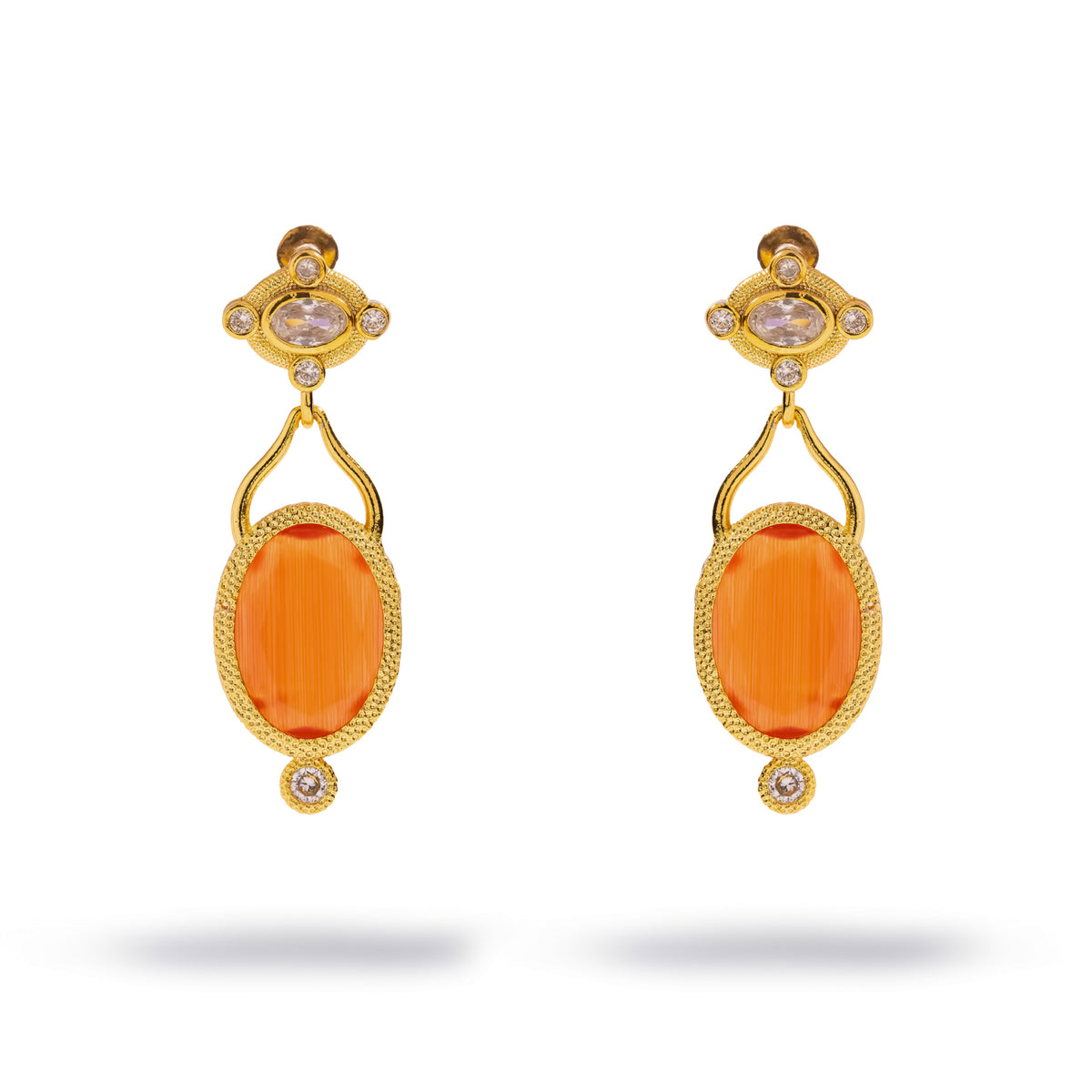 Cleopatra Sunset Cat Eye Gold Drop Earrings, front view of the pair with oval orange cat eye stones in beaded gold frames