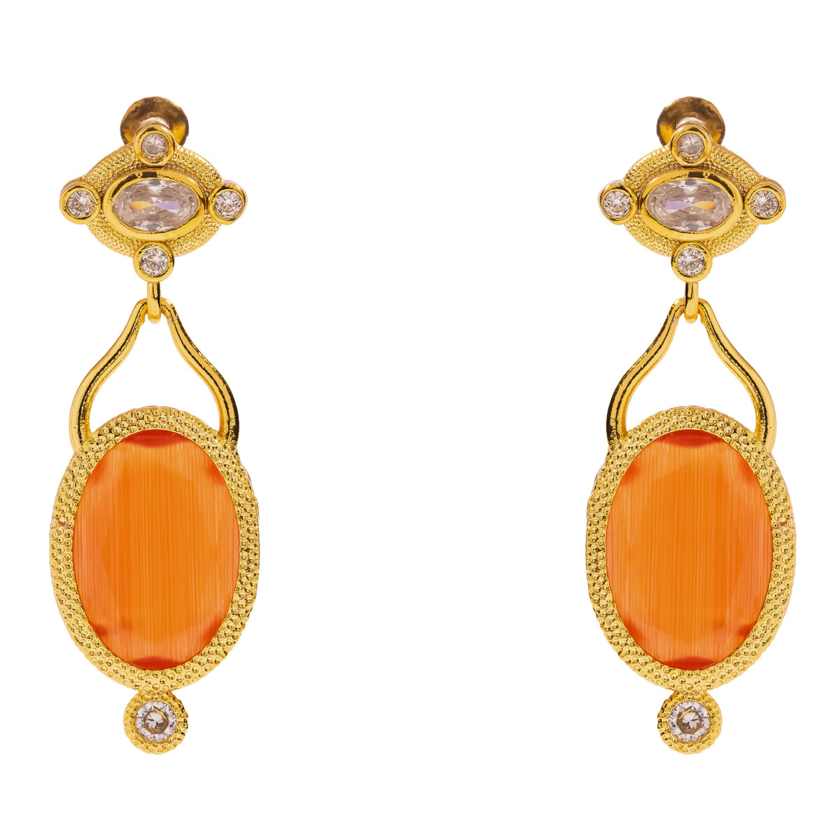 Cleopatra Sunset Cat Eye Gold Drop Earrings up close, oval clear zircon tops ringed by four small zircons