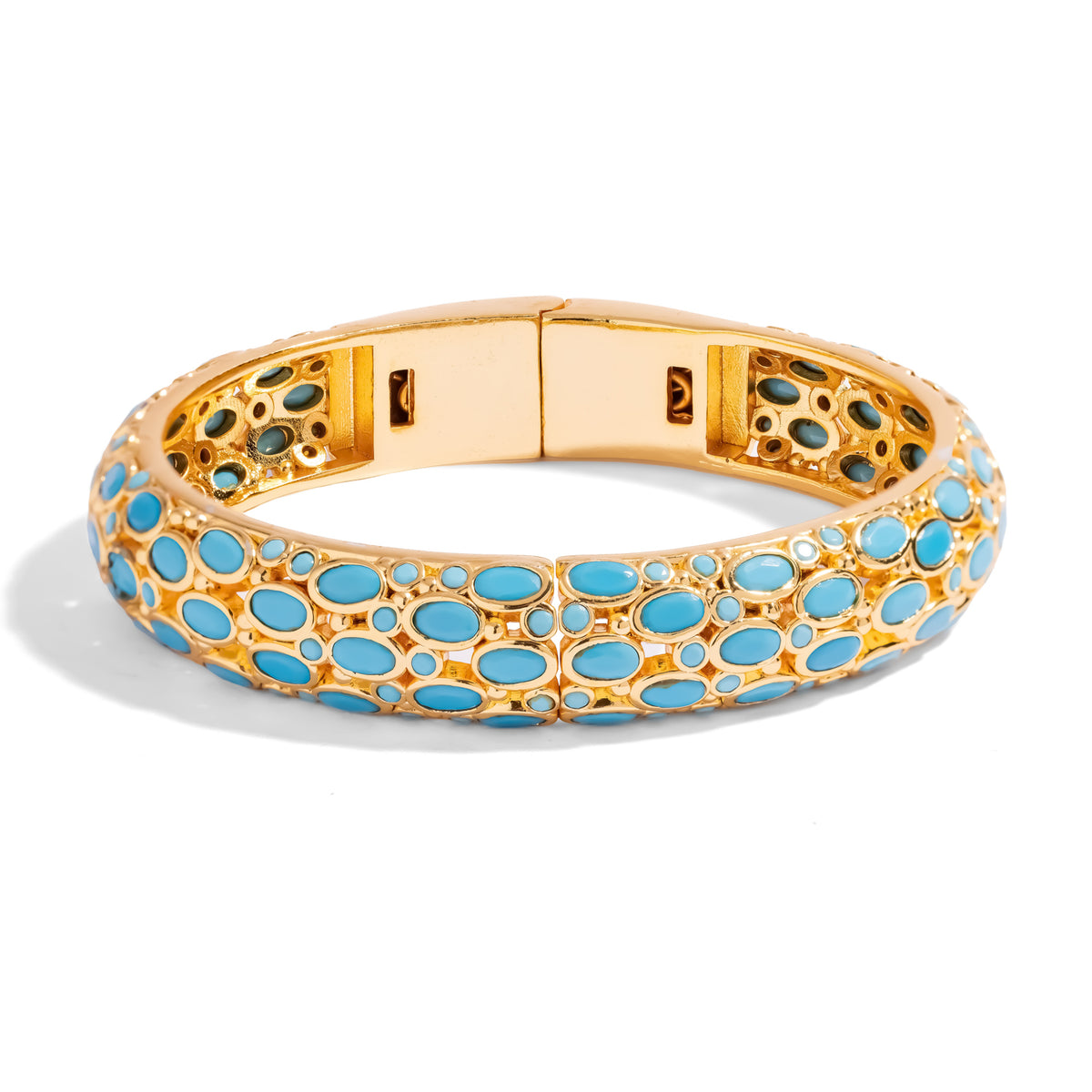 Cleopatra Turquoise Cabochon Gold Bangle Bracelet with bezel set turquoise stones on a domed 24K gold plated band