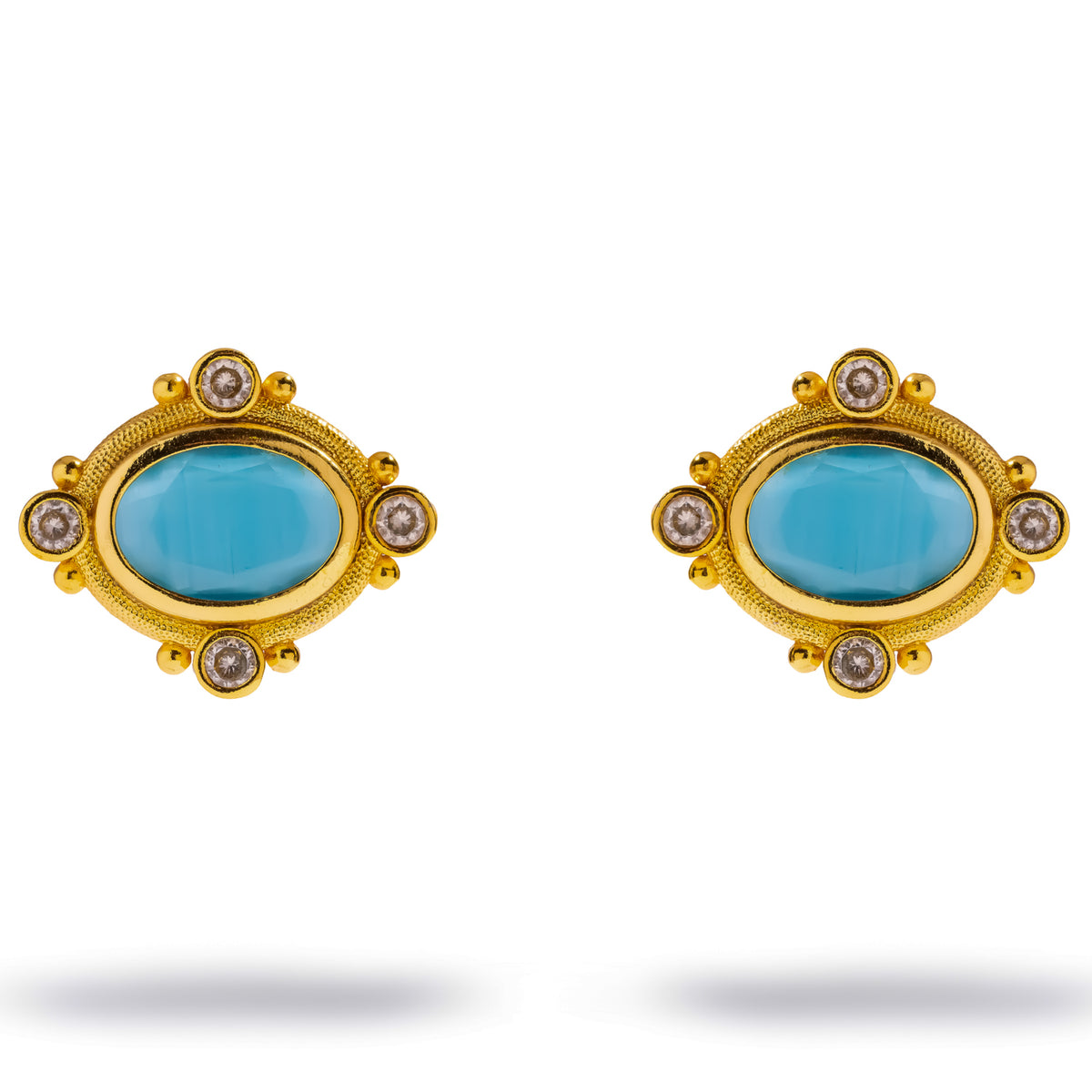 Cleopatra Turquoise Cat Eye Gold Statement Stud Earrings, front view of the pair with oval turquoise stones in granulated gold
