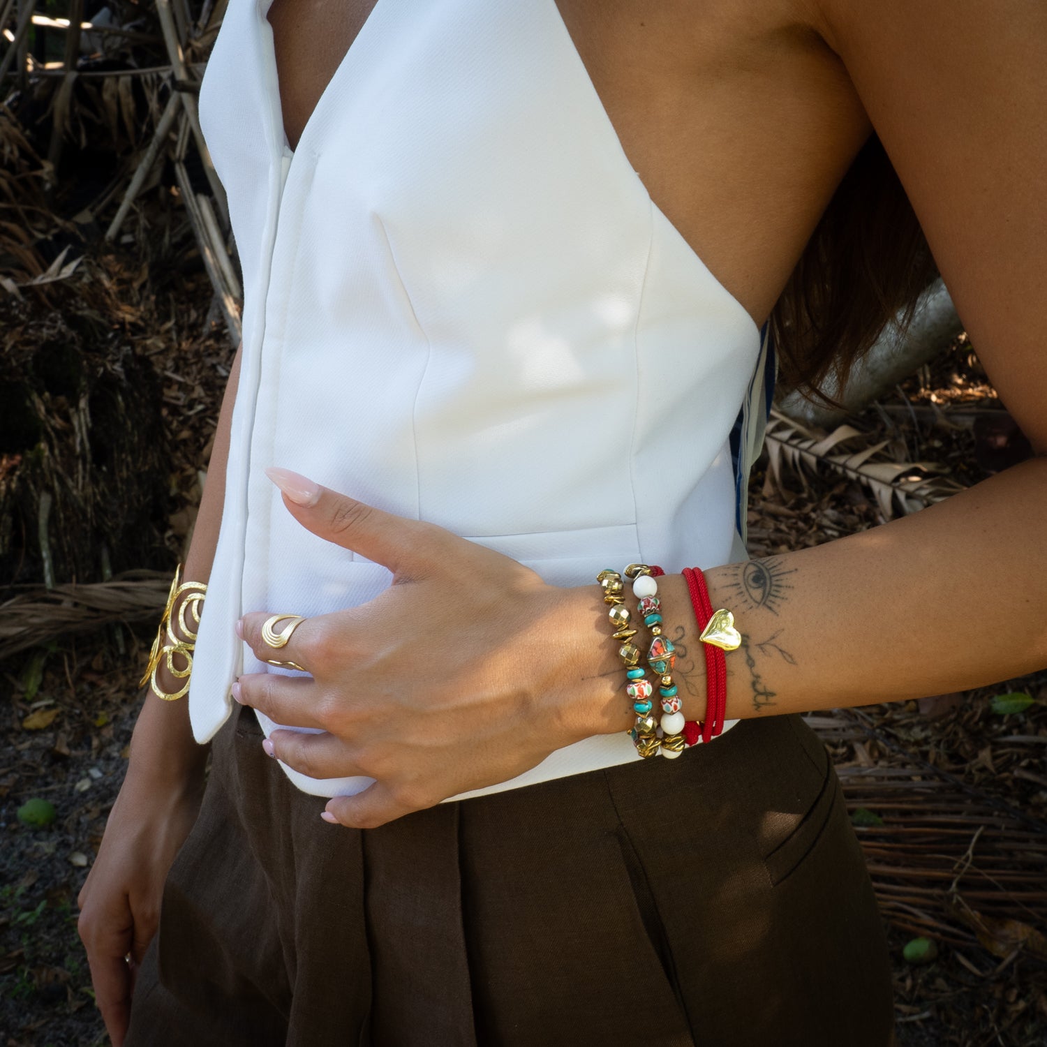 Stacked boho bracelet set with white jade, turquoise, coral inlay Tibetan bead and gold hematite  handmade in the USA