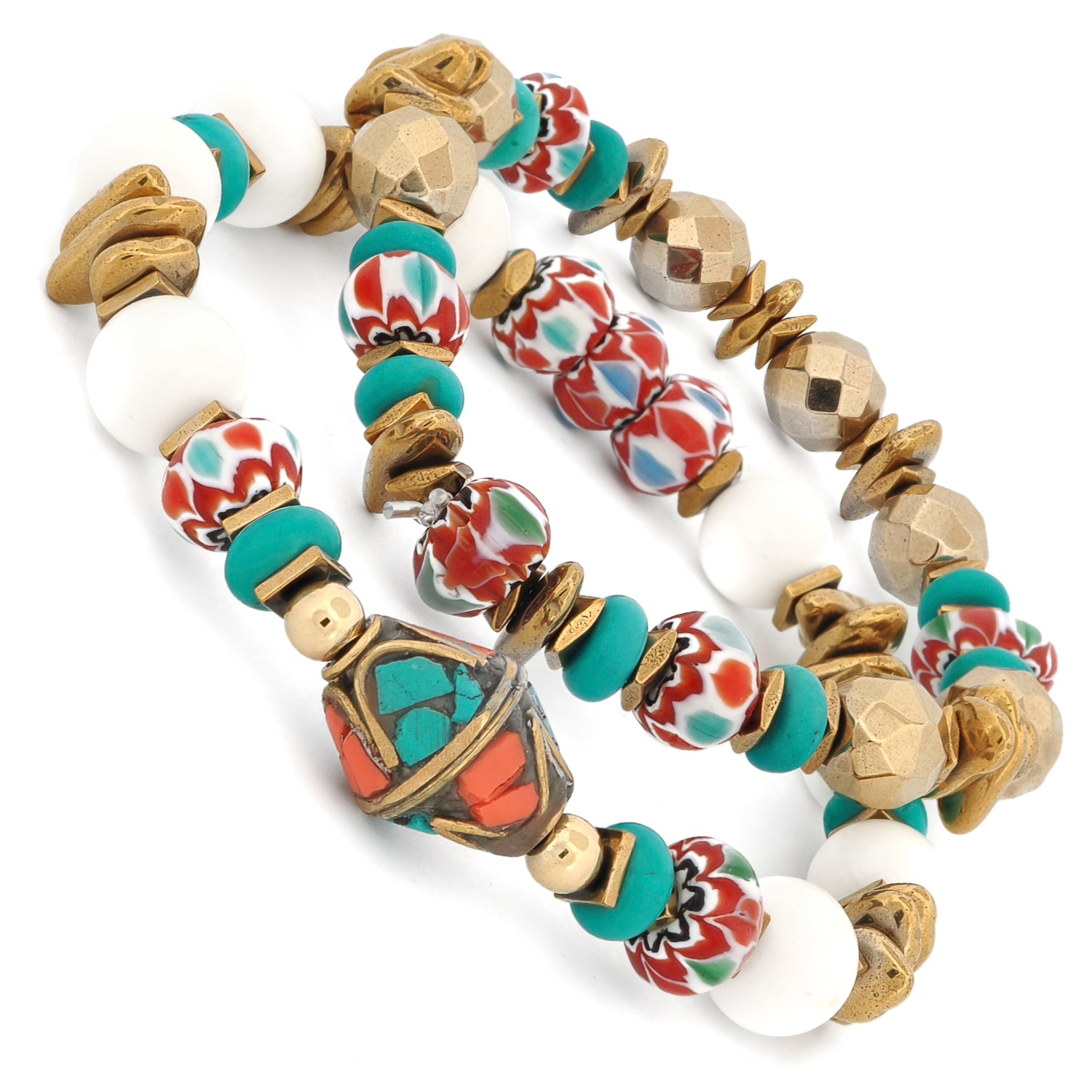 Handmade boho bracelet duo featuring white jade beads, hand-painted African beads, gold hematite and Tibetan focal bead Ebru Jewelry