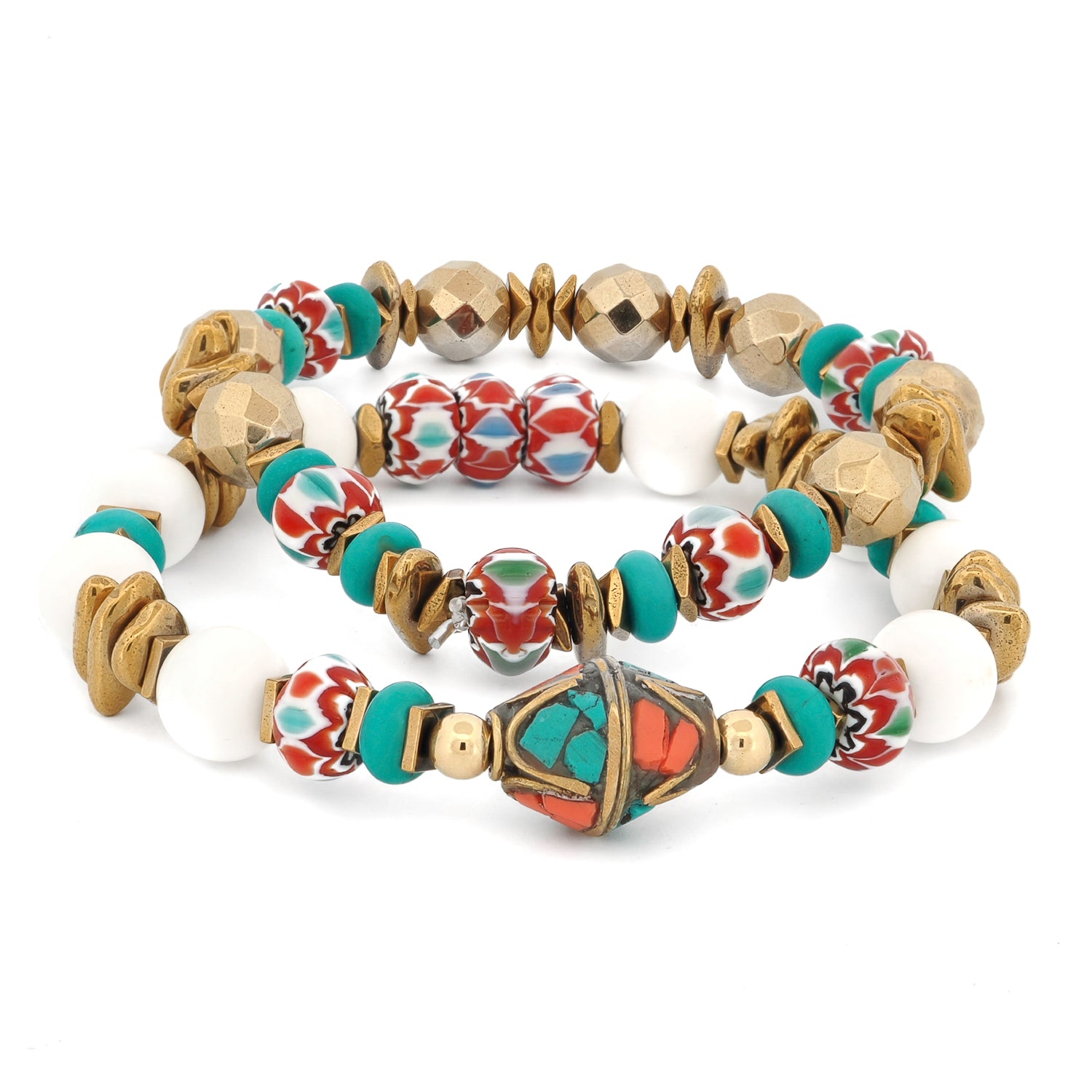 Coastal Bohemia Bracelet Set product photo showing two handmade stretch bracelets with white jade, turquoise, Tibetan coral inlay bead and gold hematite