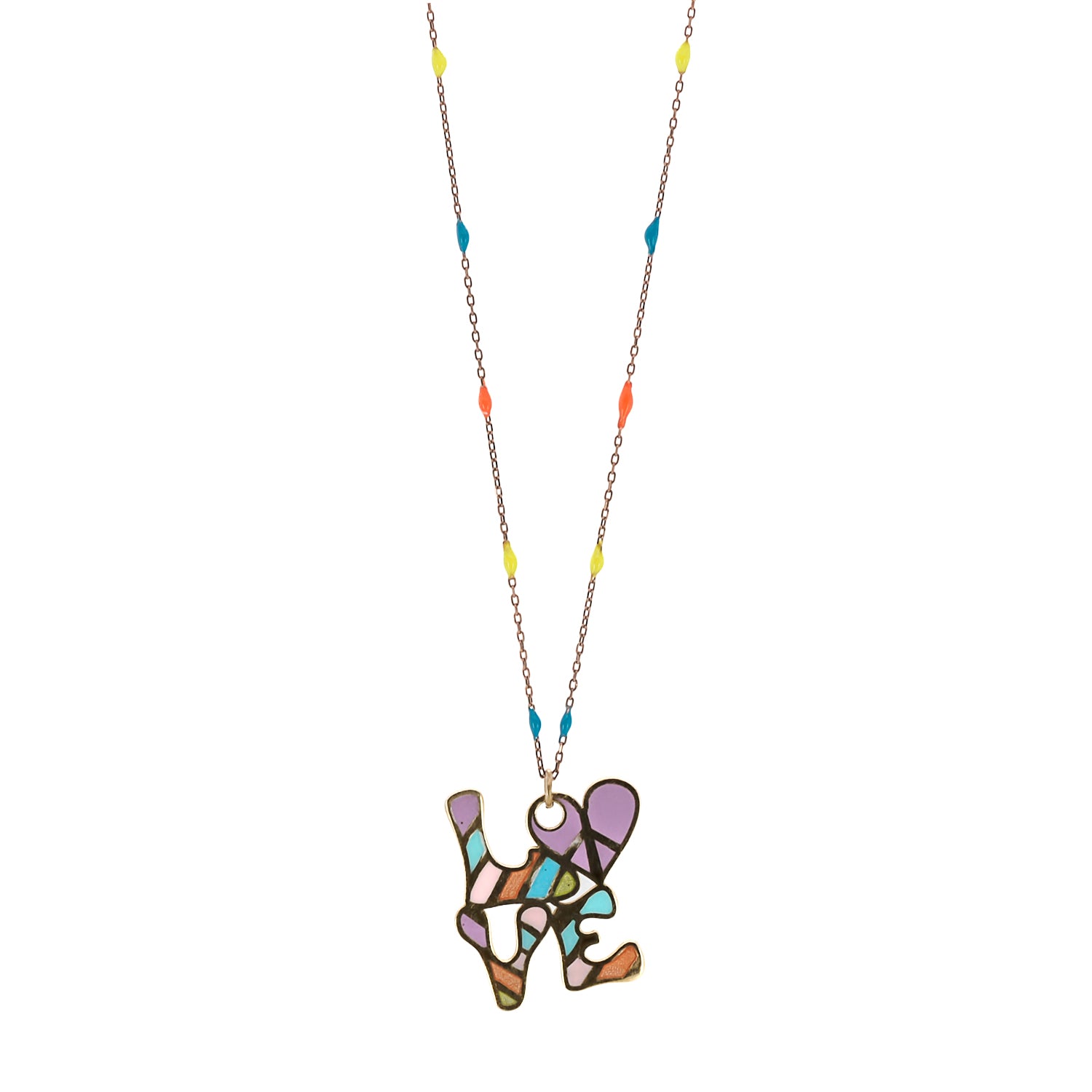 The Color of Love Necklace features a delicate gold-plated chain made of sterling silver, adorned with a unique "Love" pendant. The colorful enamel beads on the pendant add depth and vibrancy to this meaningful and handcrafted piece of jewelry.