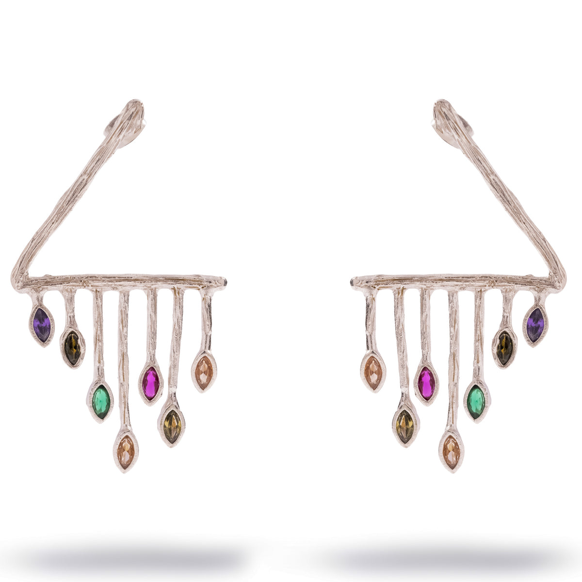 Color Rhythm Multicolor Gemstone Silver Statement Earrings, front view of the pair with seven stems ending in marquise gemstones