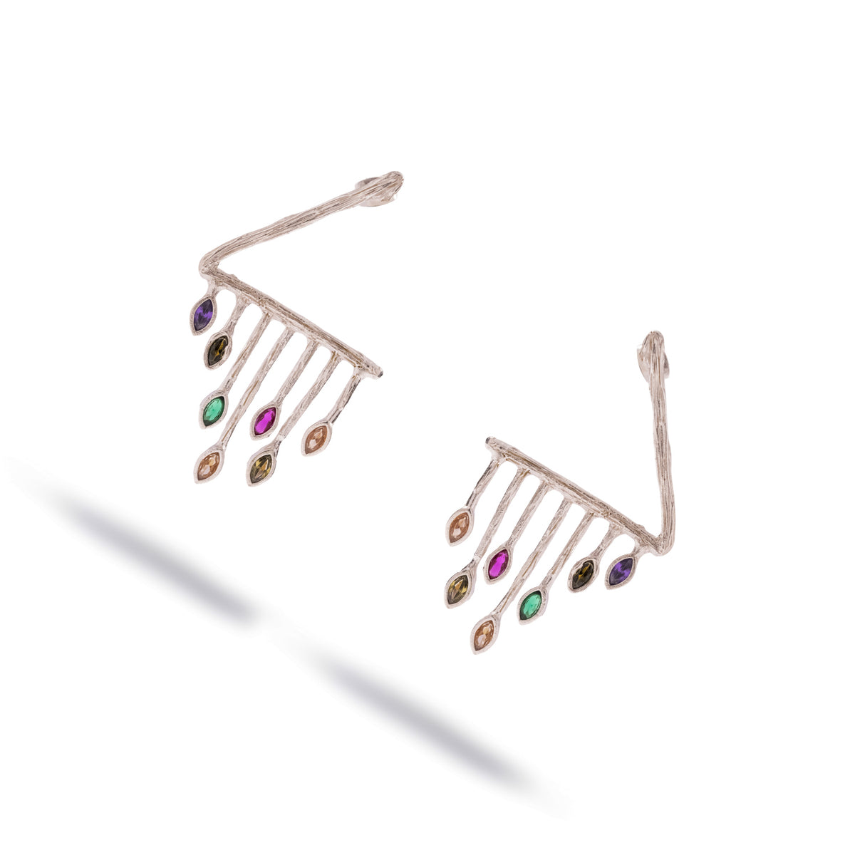 Pair of Color Rhythm Multicolor Gemstone Silver Statement Earrings at an angle, showing the textured silver line and bar