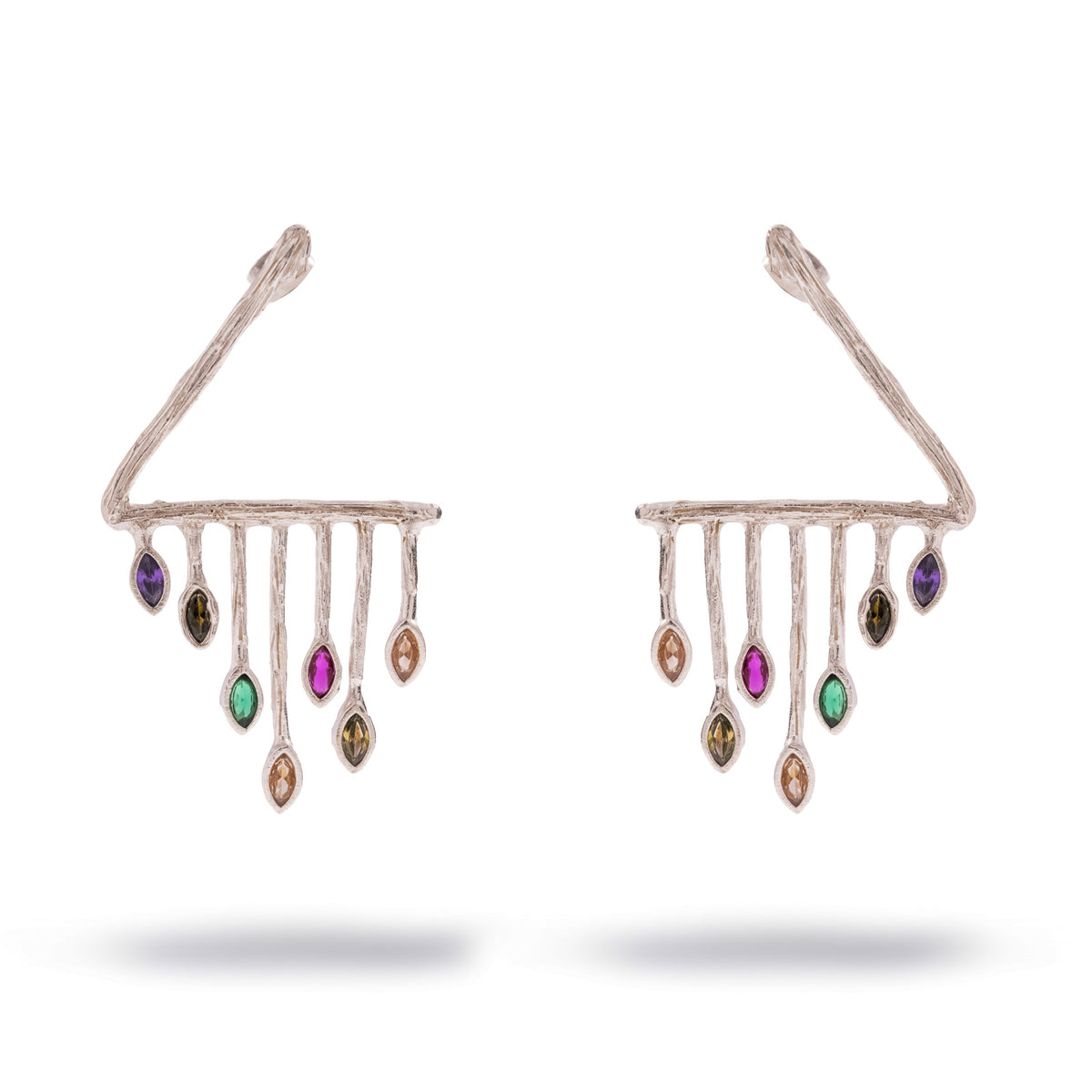 Color Rhythm Multicolor Gemstone Silver Statement Earrings on white, stones in violet, olive, green, magenta and champagne