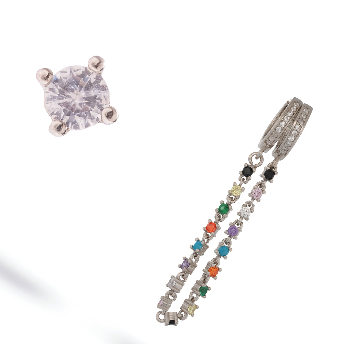 Color Story sterling silver solitaire stud and looping multicolor gemstone strand at an angle