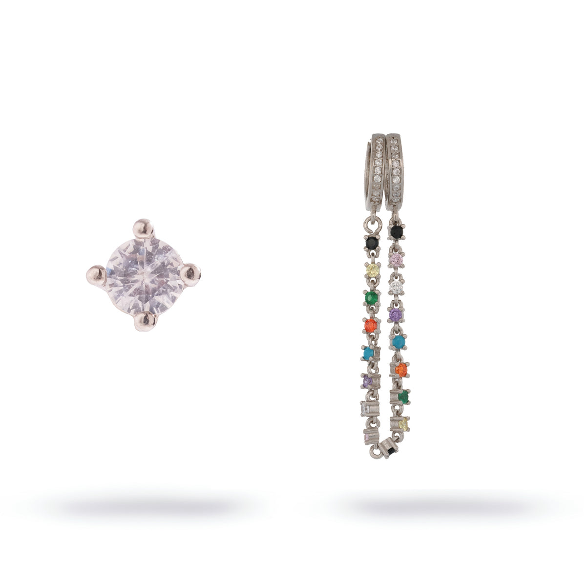 Color Story Gemstone Sterling Silver Drop Earrings: a clear solitaire stud beside two pave hoops joined by a strand of multicolor stones