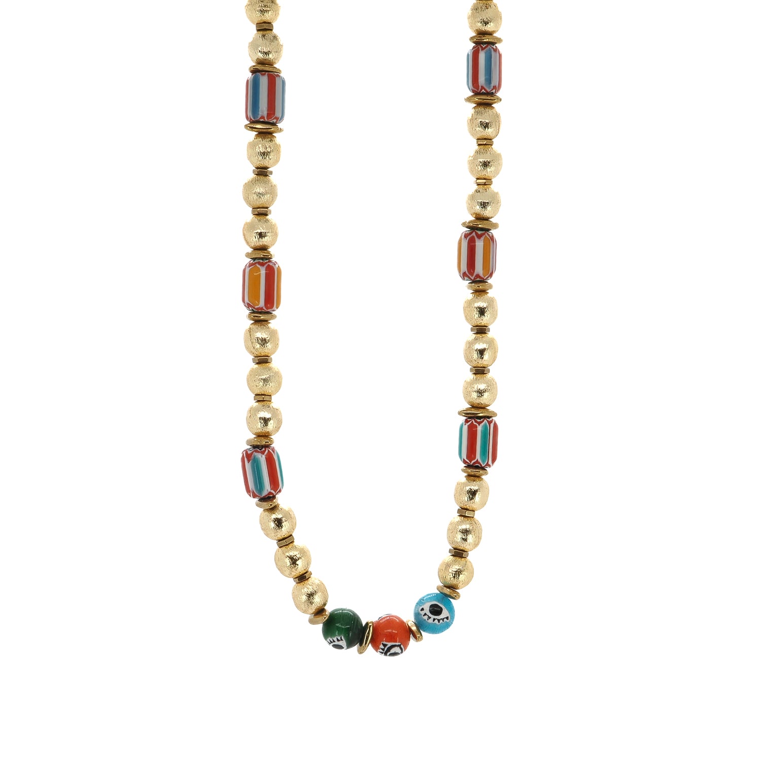 Summer Love Sacred Heart beaded gold necklace with enamel heart pendant, colorful beads and hematite stones close-up