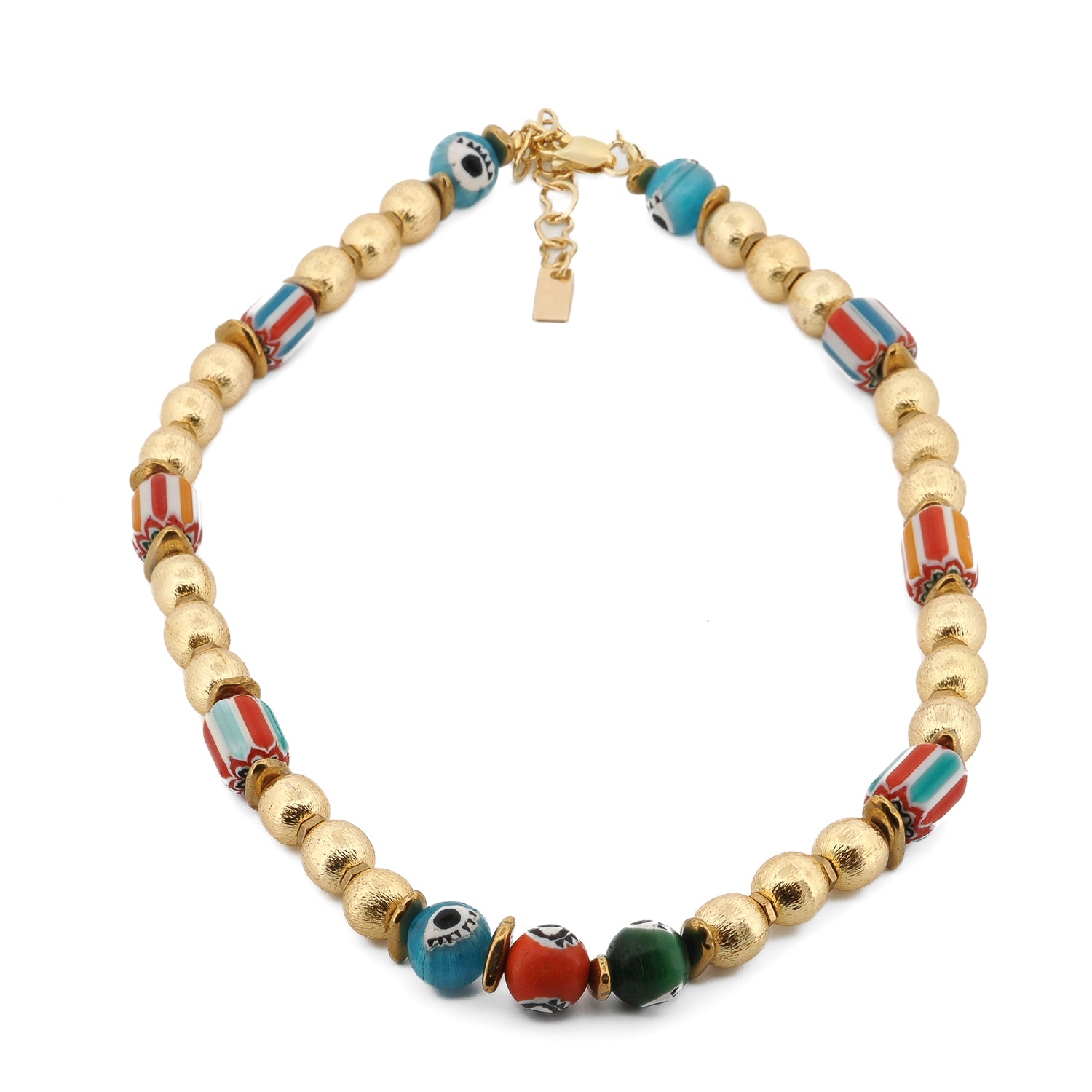 Summer Love Sacred Heart beaded gold necklace full view with red African beads, green pearl accents and gold hematite stones