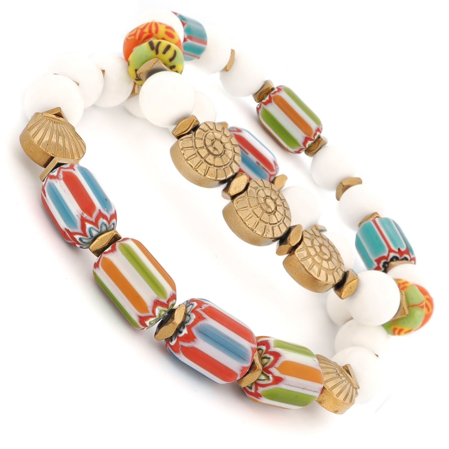 Ocean Shell Artisan Bracelet Set showing embossed shell & mussel symbols on gold hematite spacers with colorful African trade beads and white jade