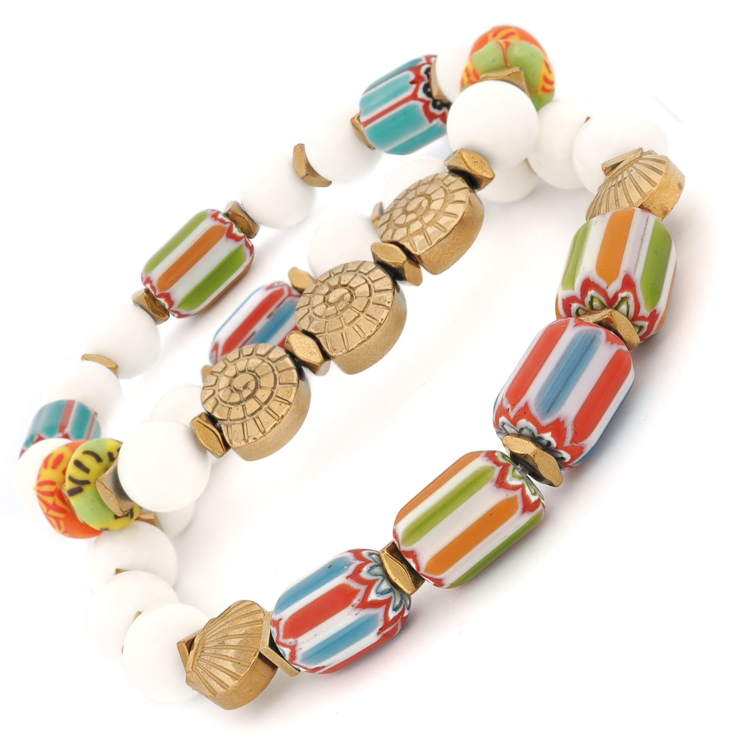 Colorful Ocean Shell Artisan Bracelet Set displaying both bracelets stacked — handmade artisan African heritage ocean jewelry