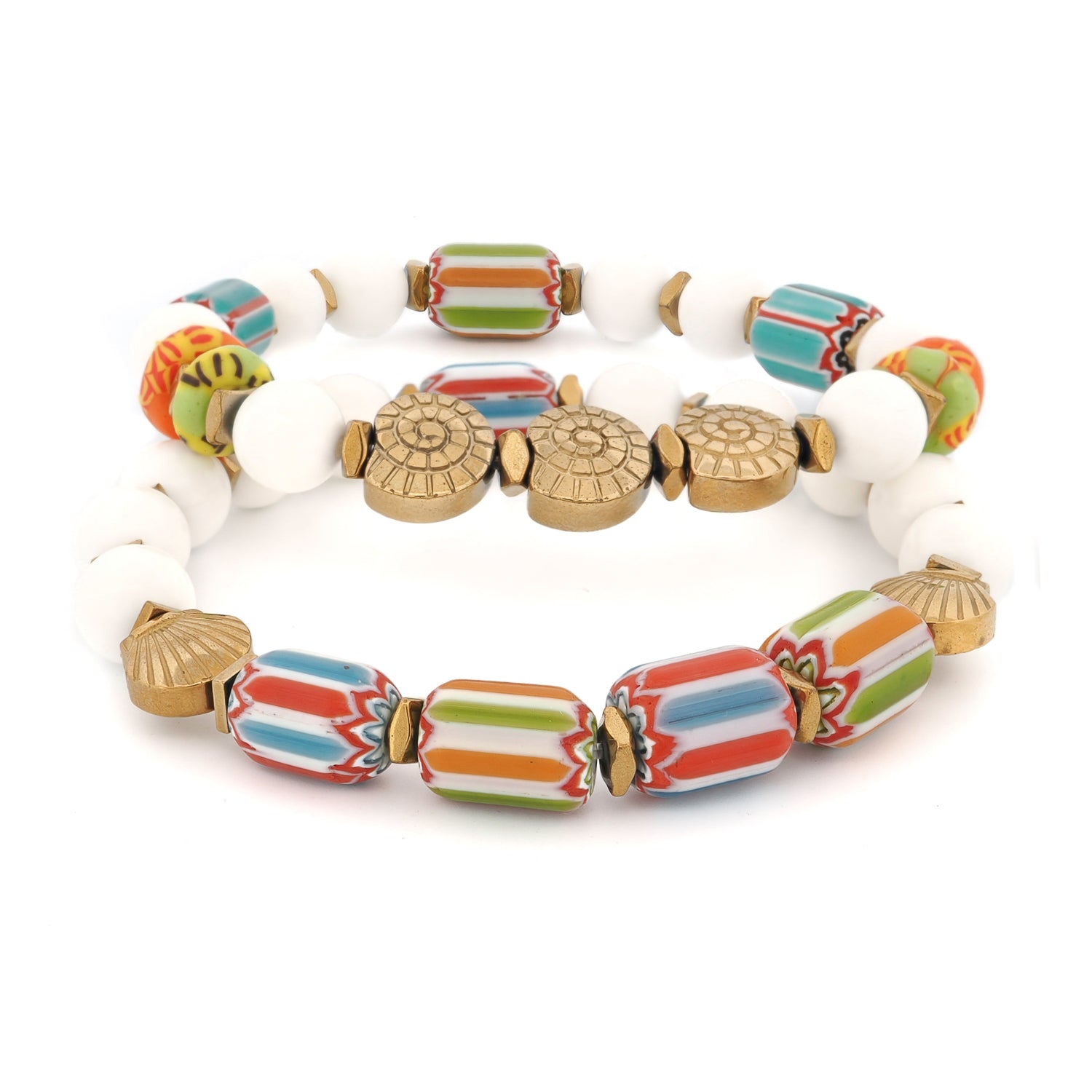 Colorful Ocean Shell Artisan Bracelet Set with white jade beads, vibrant African trade beads in rust, gold, green and blue, and gold hematite ocean shell symbol spacers on stretchy cord
