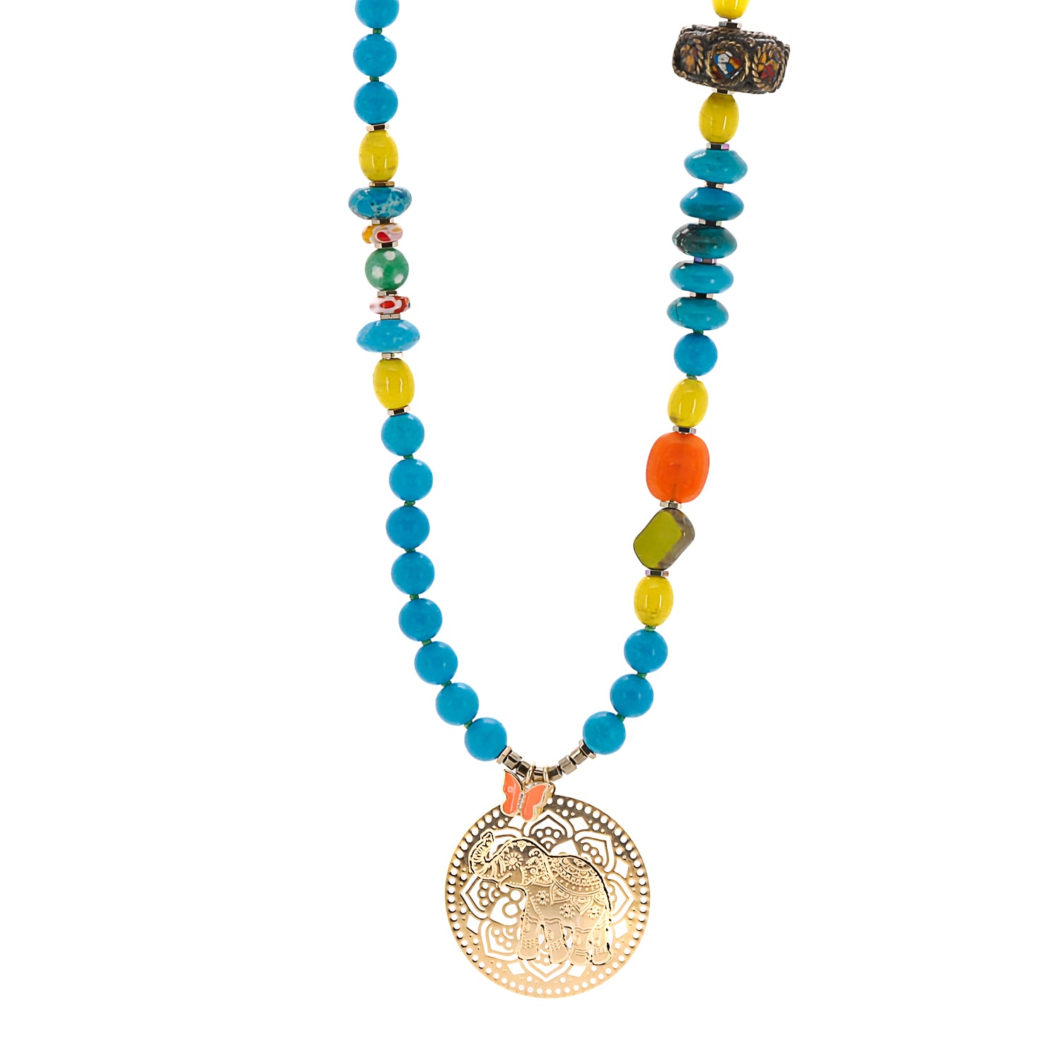 The Colorful Therapy Elephant Turquoise Necklace is a captivating accessory that exudes happiness and positivity. 