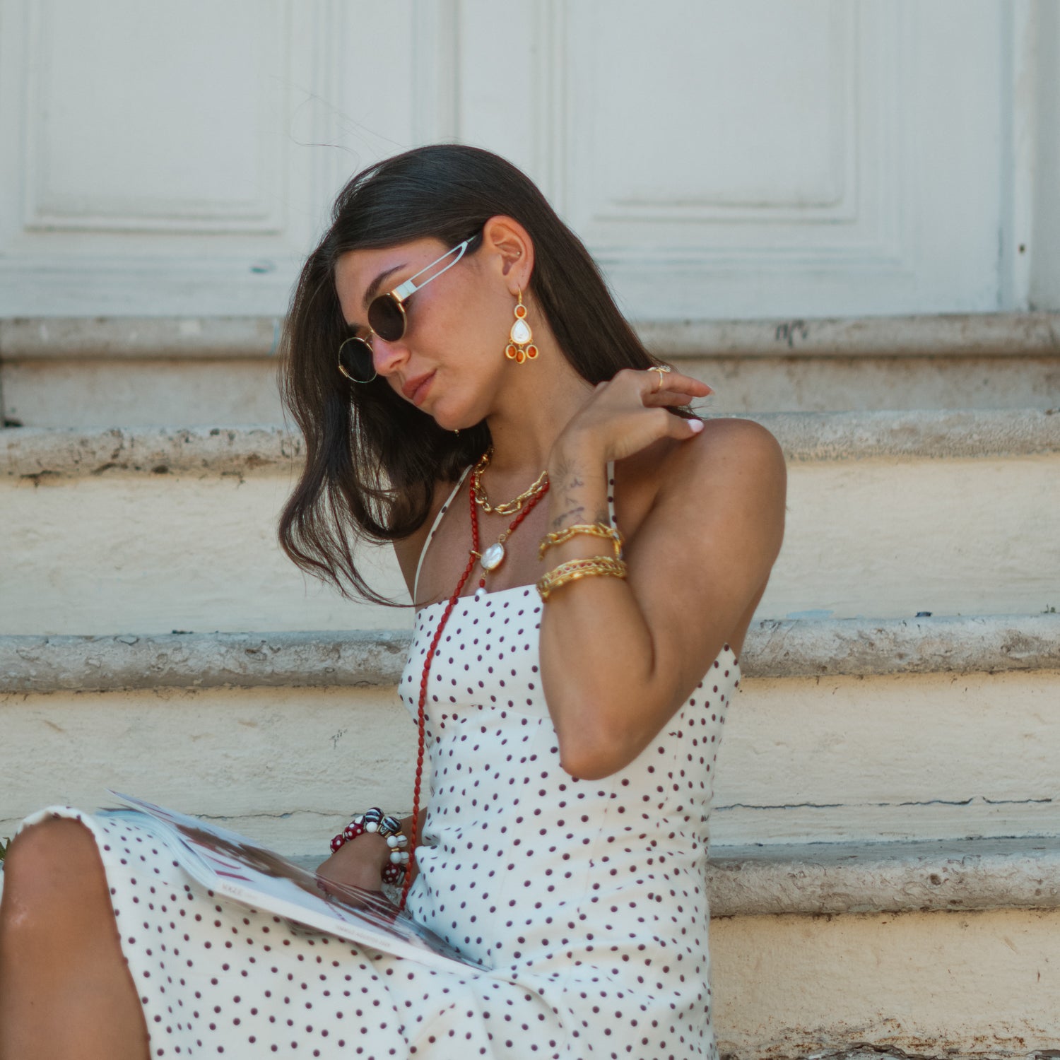 Sunlit Coral Mother of Pearl Gold Chandelier Earrings