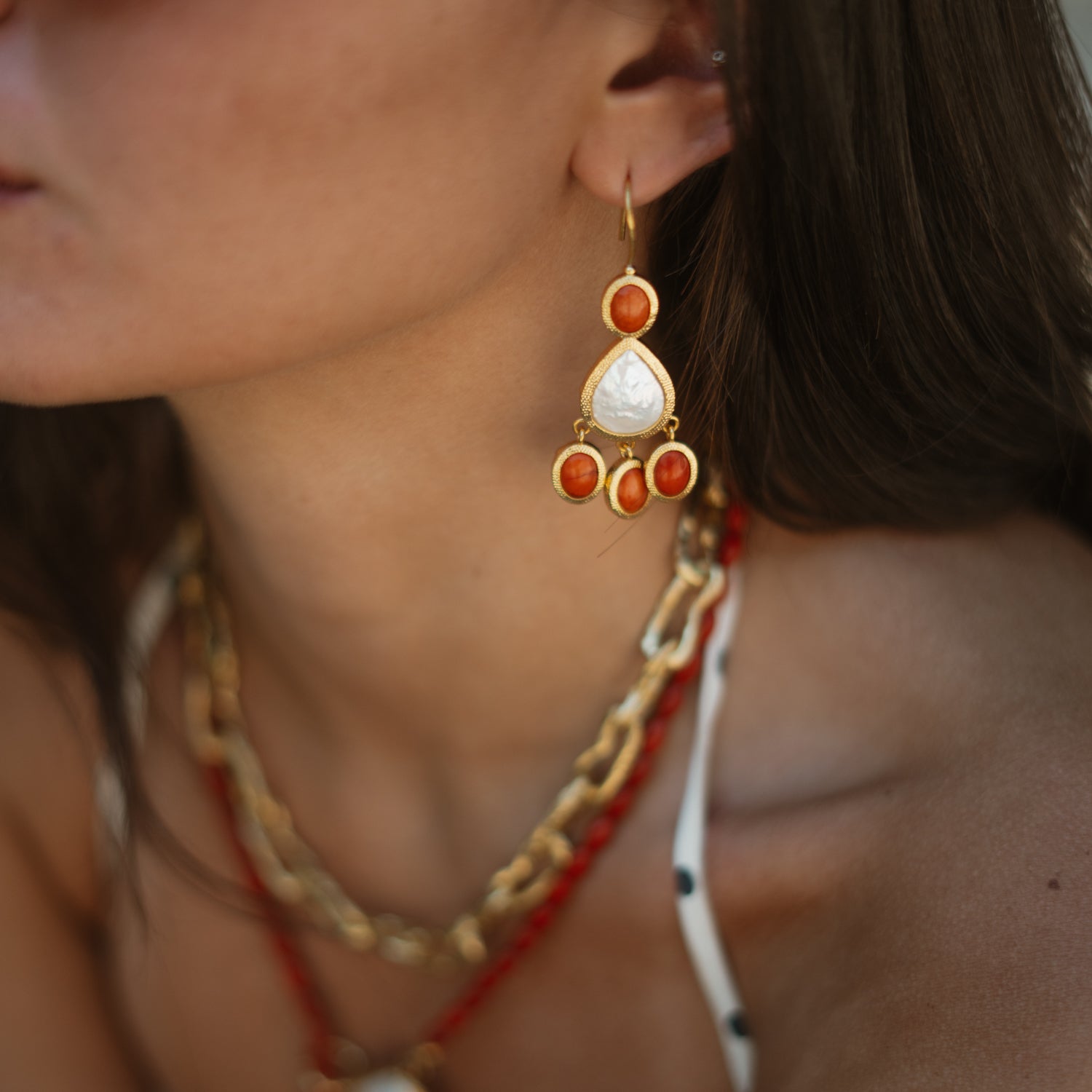 Sunlit Coral Mother of Pearl Gold Chandelier Earrings