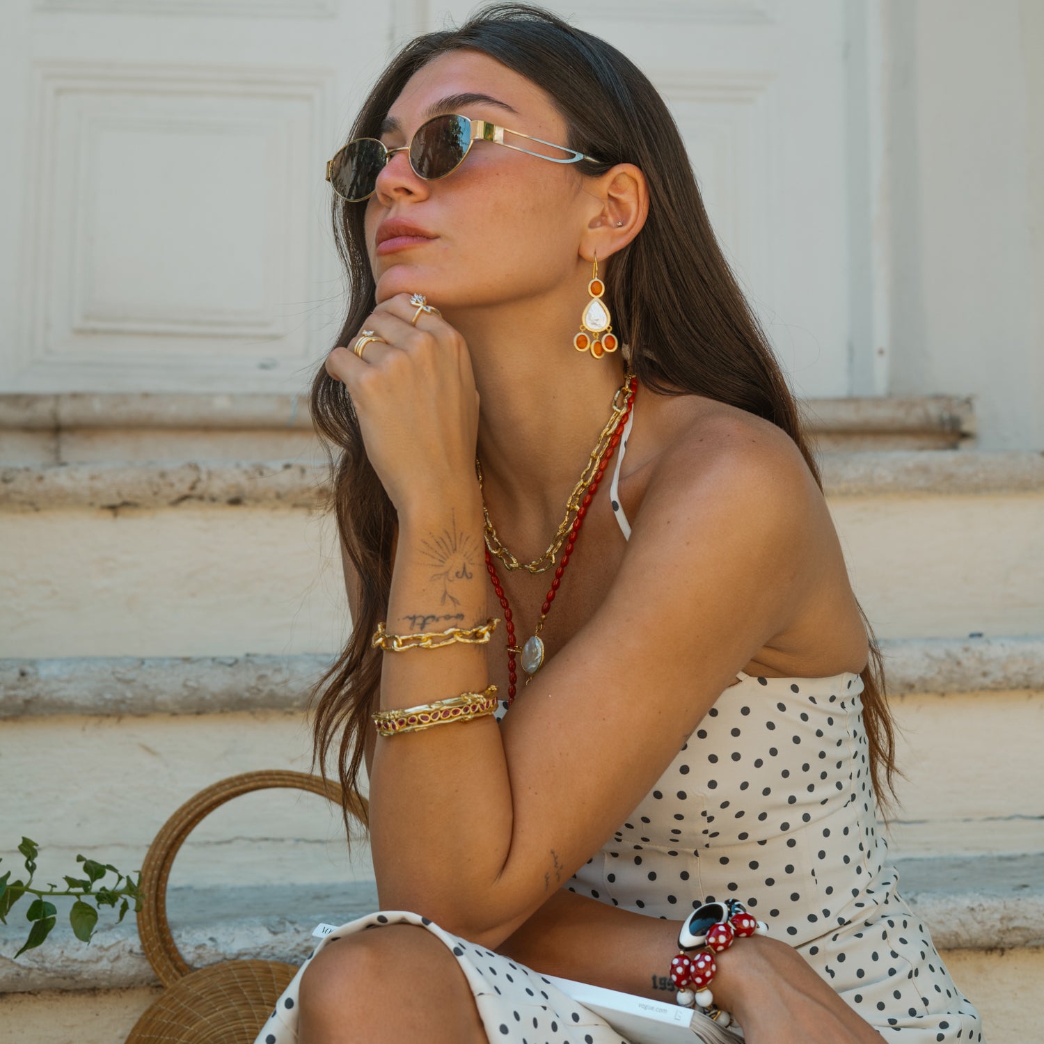 Sunlit Coral Mother of Pearl Gold Chandelier Earrings