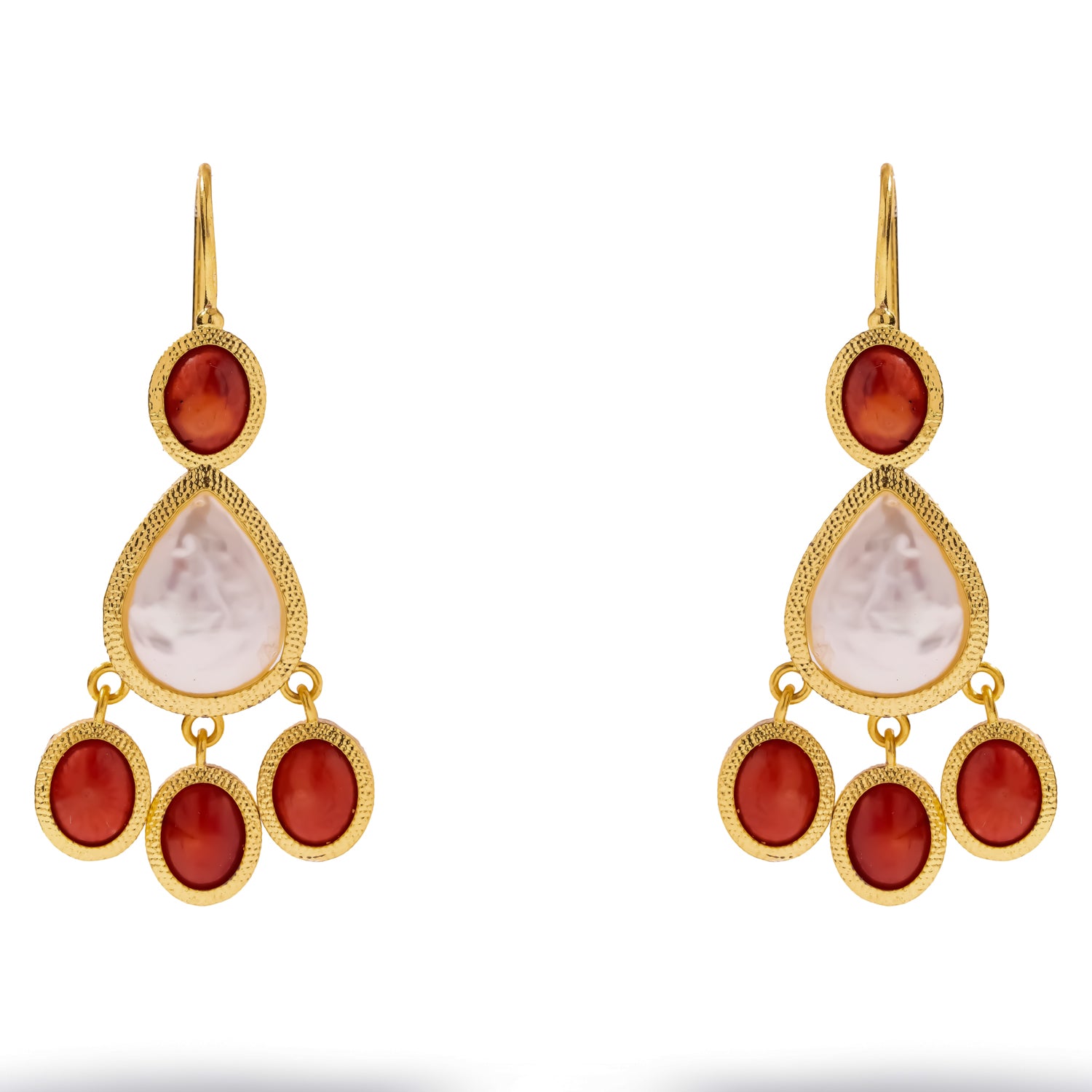 Sunlit Coral Mother of Pearl Gold Chandelier Earrings