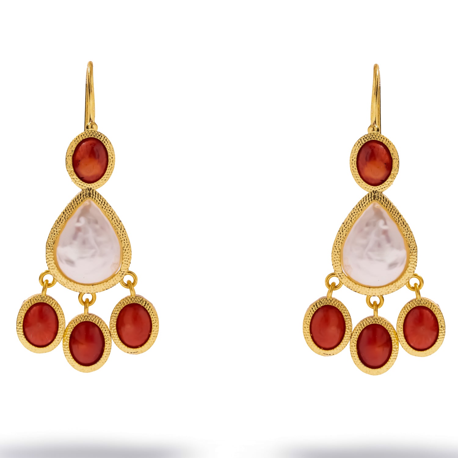 Sunlit Coral Mother of Pearl Gold Chandelier Earrings