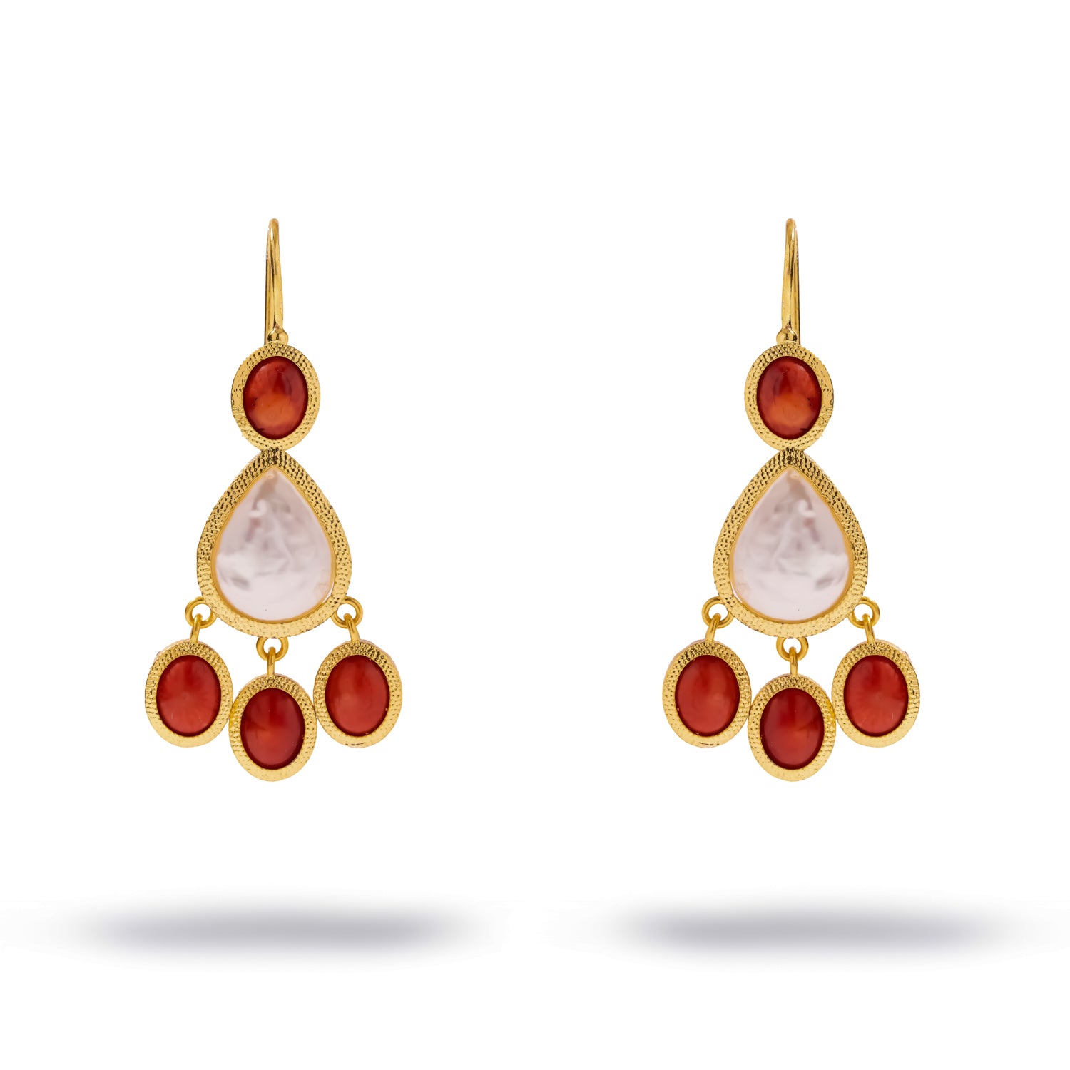 Sunlit Coral Mother of Pearl Gold Chandelier Earrings