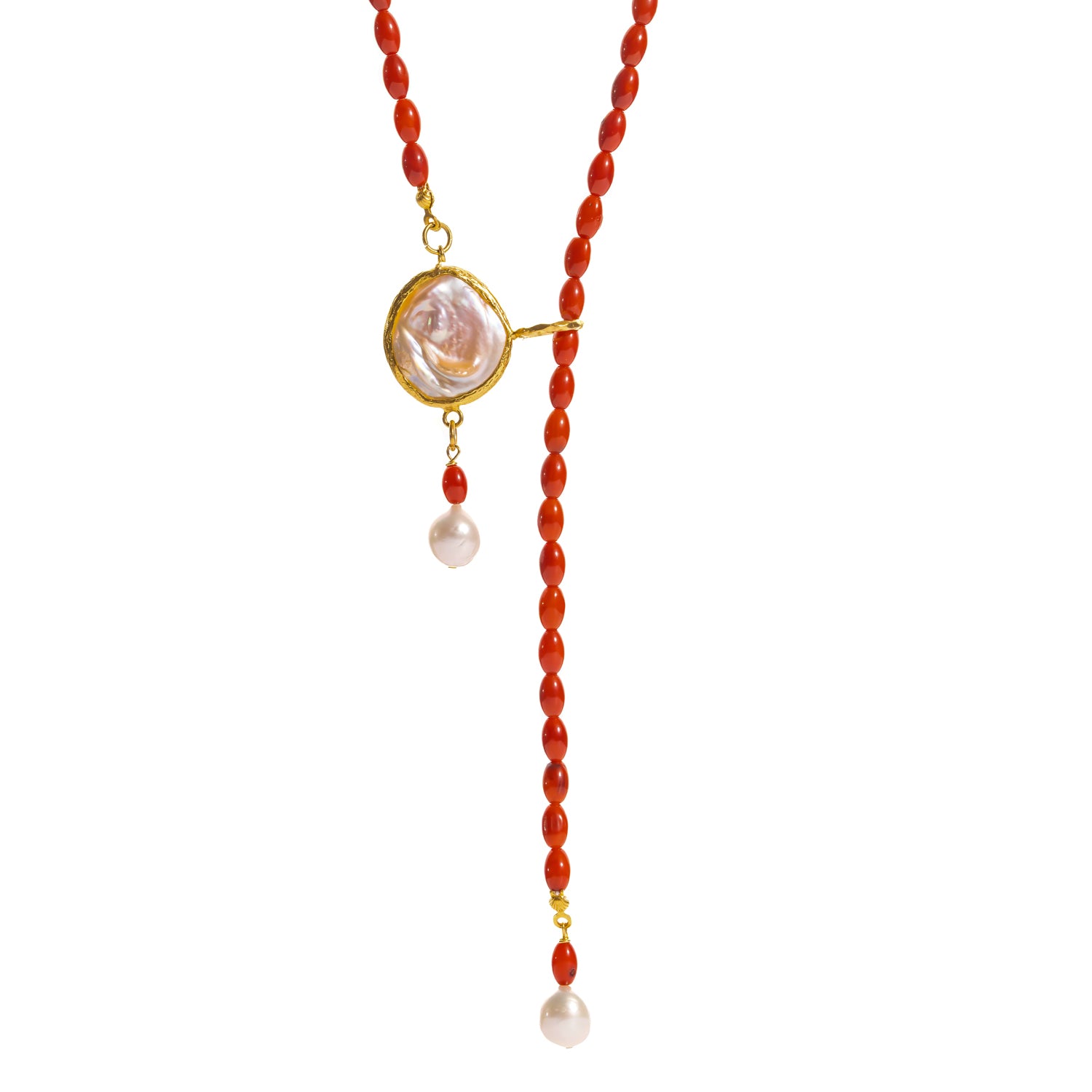 Handmade coral beaded lariat necklace with an 18K gold plated baroque pearl slide, one of a kind adjustable design