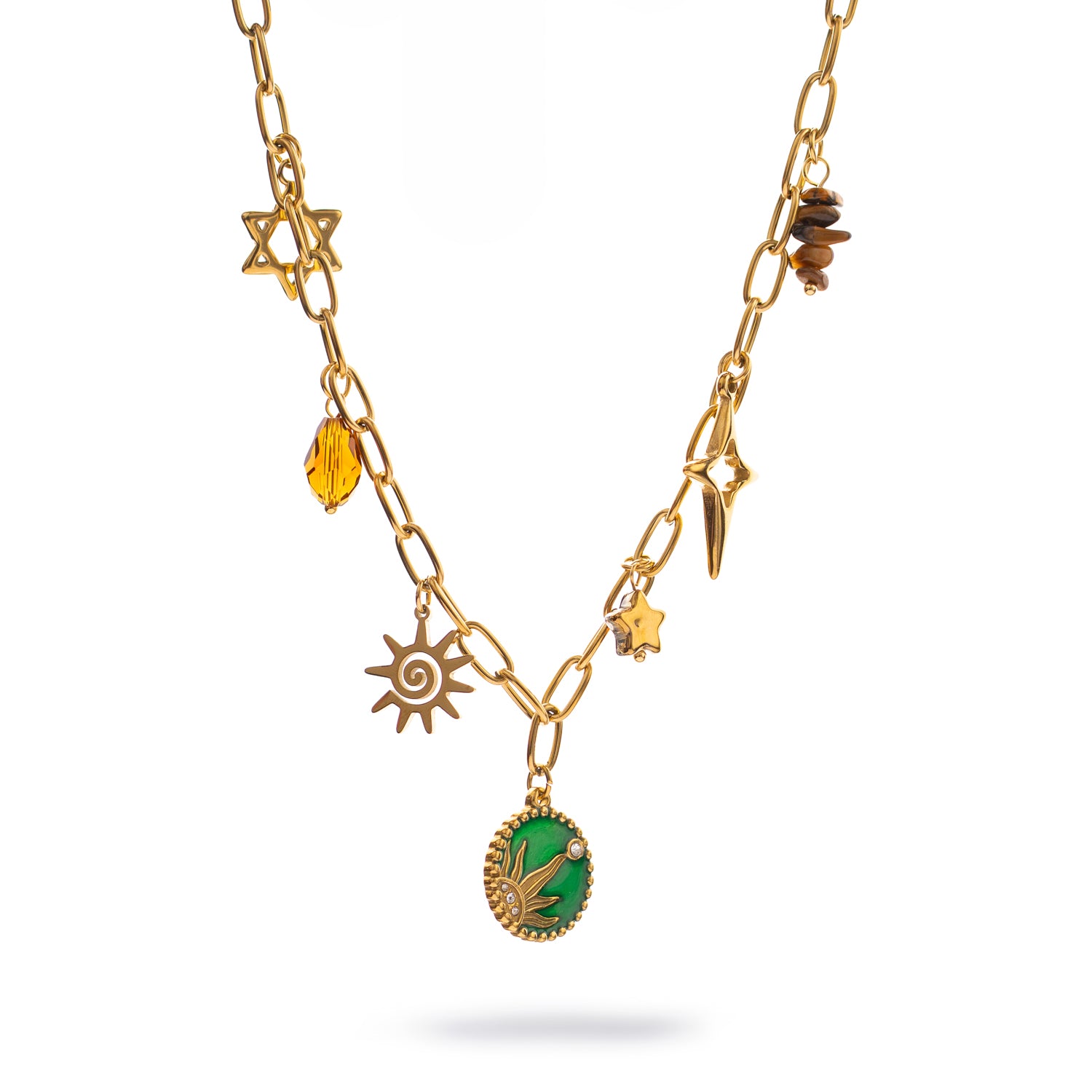 Gold charm necklace with sun, star, hand, and green enamel spiritual pendants