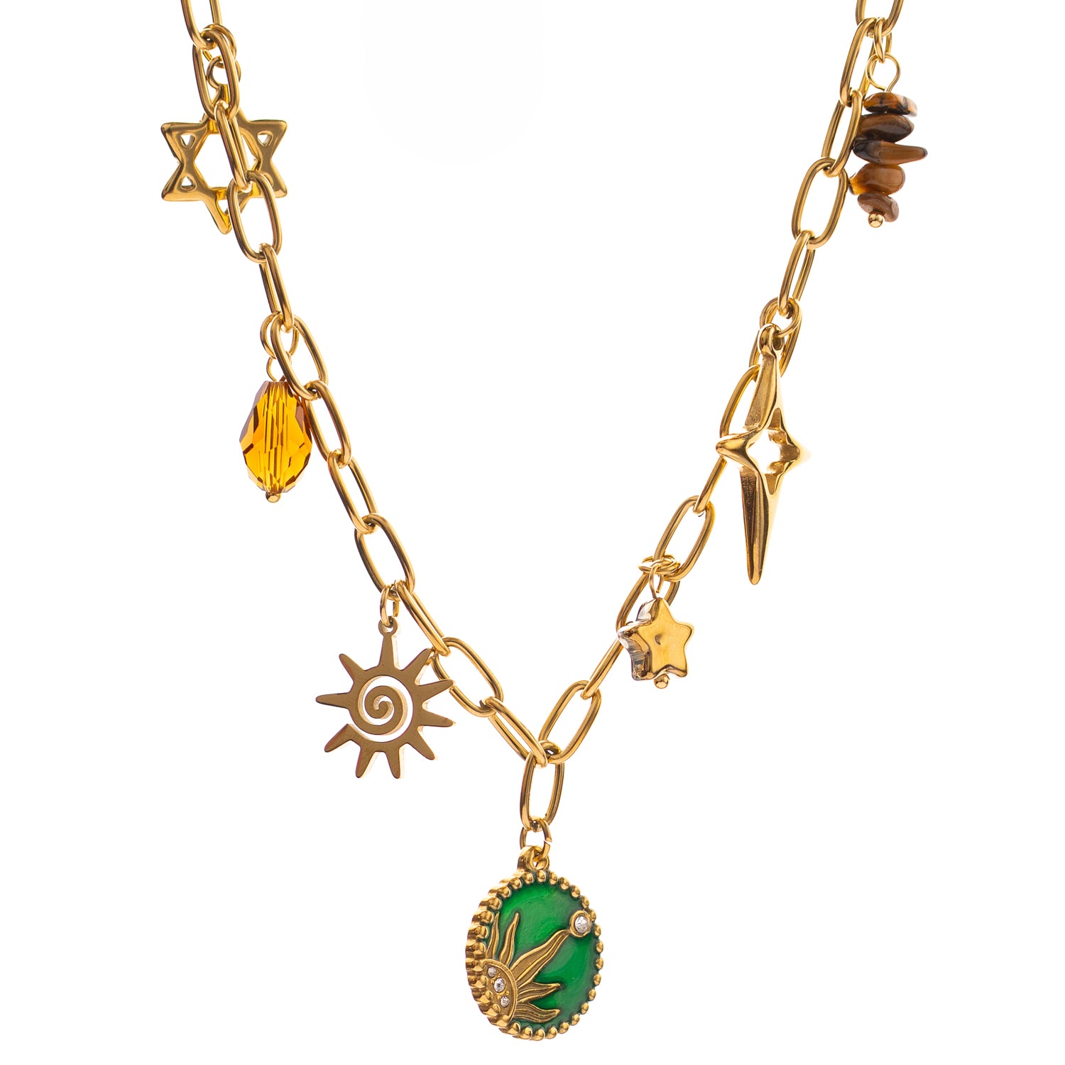 Gold-plated stainless steel necklace with sun, star, and green enamel charms