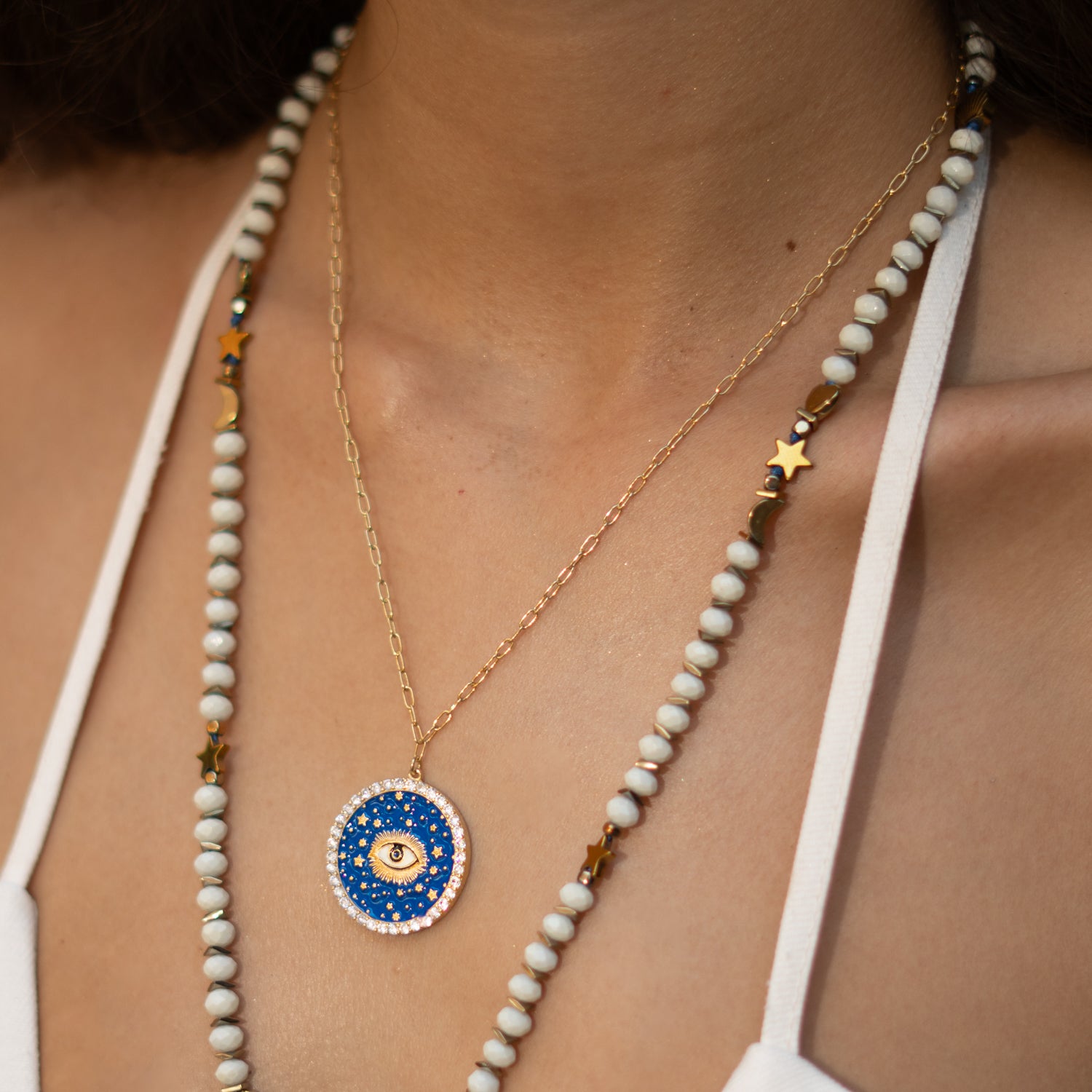 Cosmic Evil Eye Star Medallion Gold Necklace